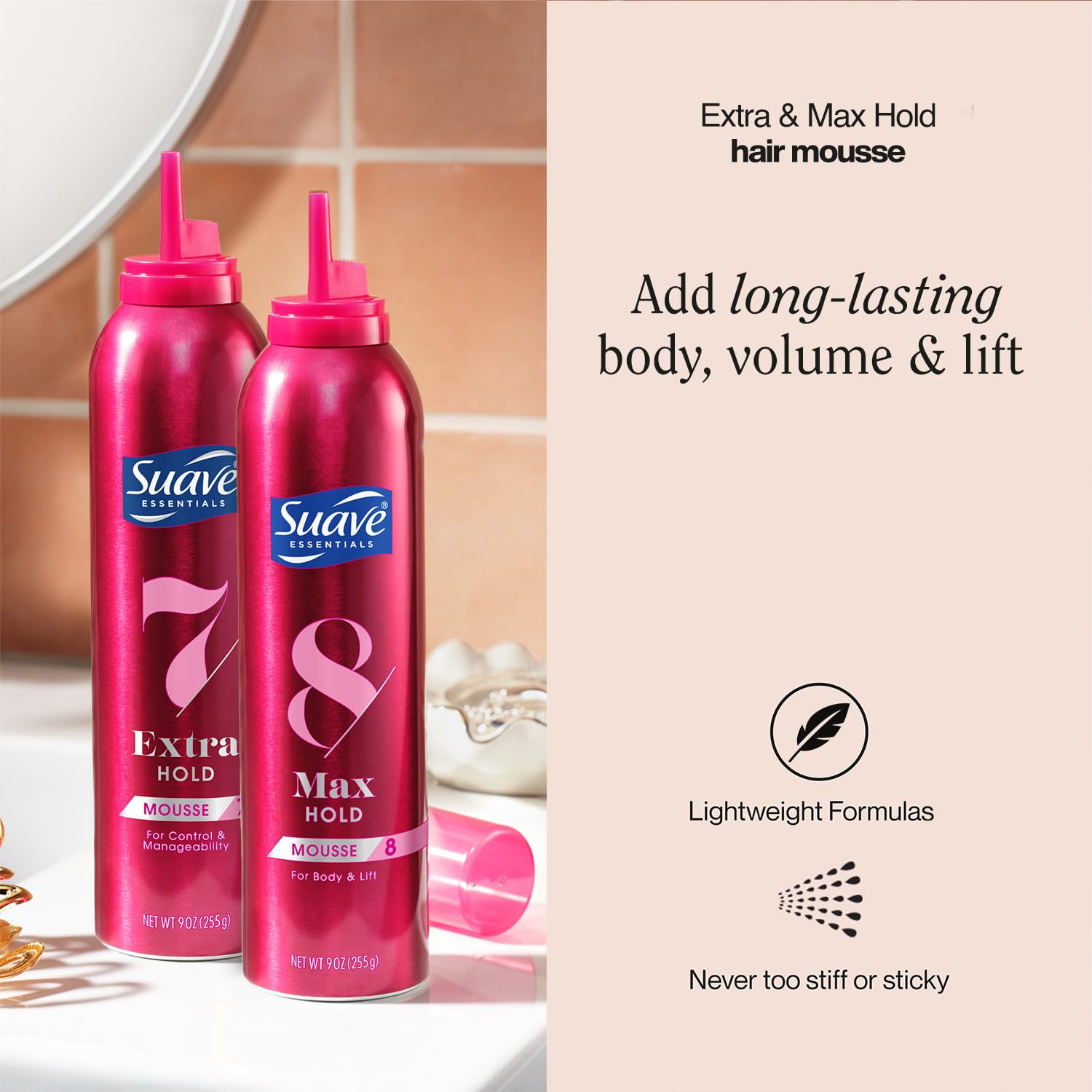 SUAVE Hair Mousse for Curly, Wavy & Fine Hair, Variety 2-Pack – Extra Hold 7 Shaping + Max Hold 8 Volumizing Mousse, Scented, 9 Oz Ea