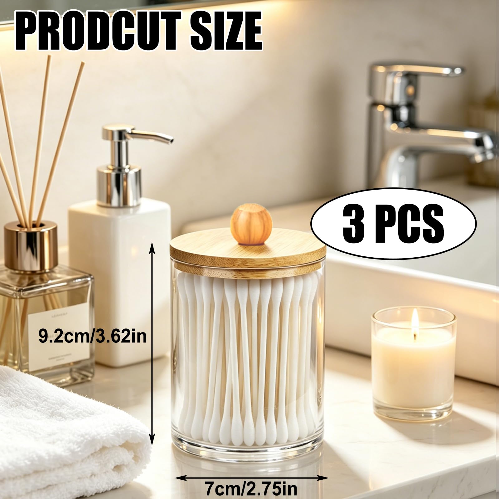 Set de 3 Organizador Bastoncillos de Algodón Acrílico con Tapa, Dispensador Contenedor Discos Desmaquillantes Bolas de Algodón Almacenamiento Cosméticos Baño Tocador, Transparente, Negro