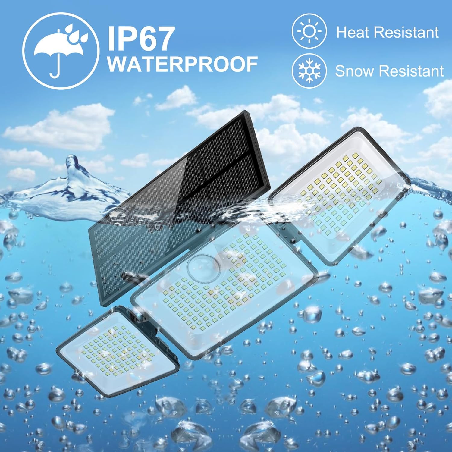 solar lights outdoor, 2500lm 252leds solar motion lights outside, 3 head 355° wide angle street area lights, ip67 waterproof spot lights with 7.9 * 3.5in tempered glass solar panel(2 pack)