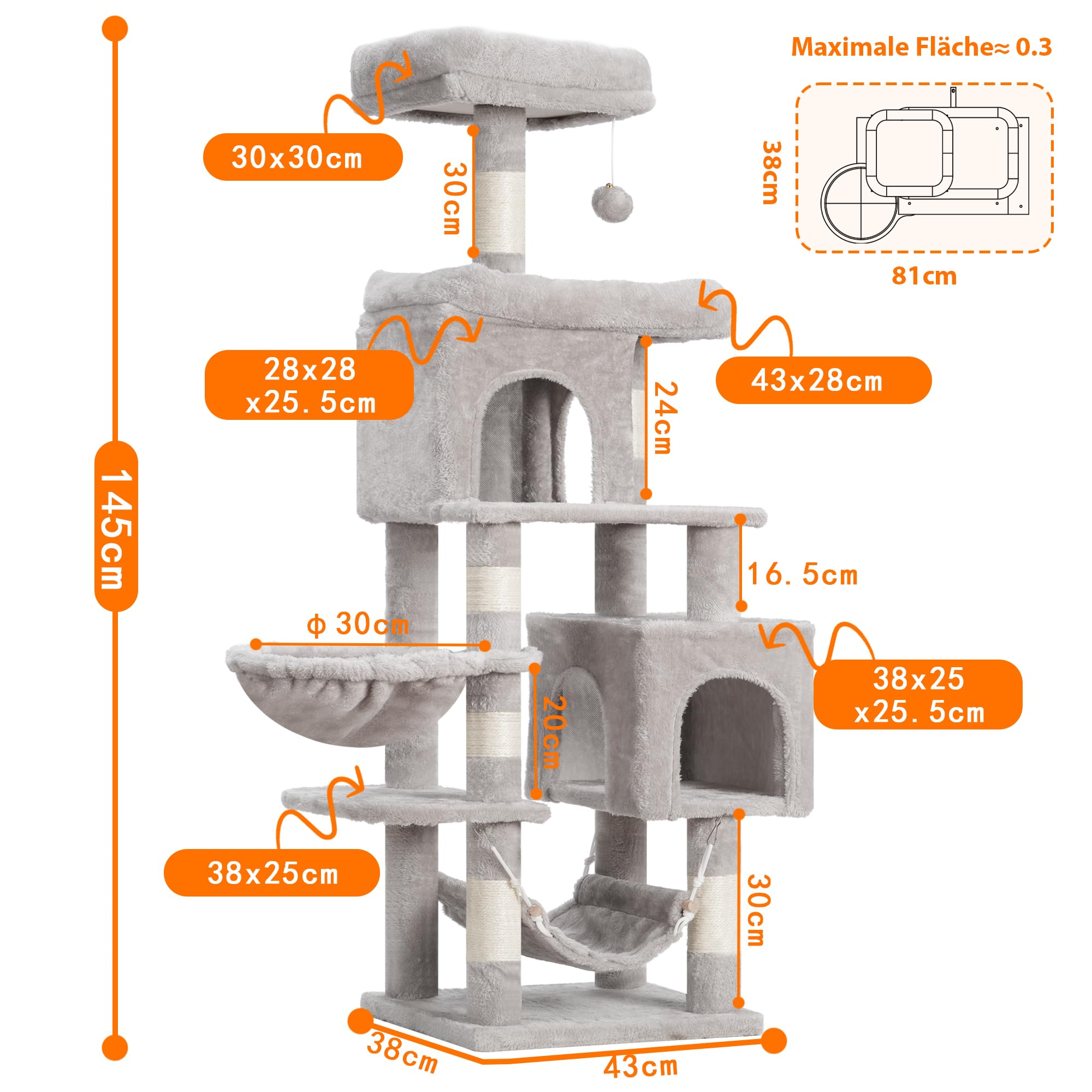 Heybly Kratzbaum, 145 cm Hoher Mehrstöckiger Kratzstamm-Kletterturm, Mit 2 Großen Plattformen, 2 Großer Katzennestern, Katzenkorb, Hängematte, Ballspielzeug, Hellgrau HCT016W