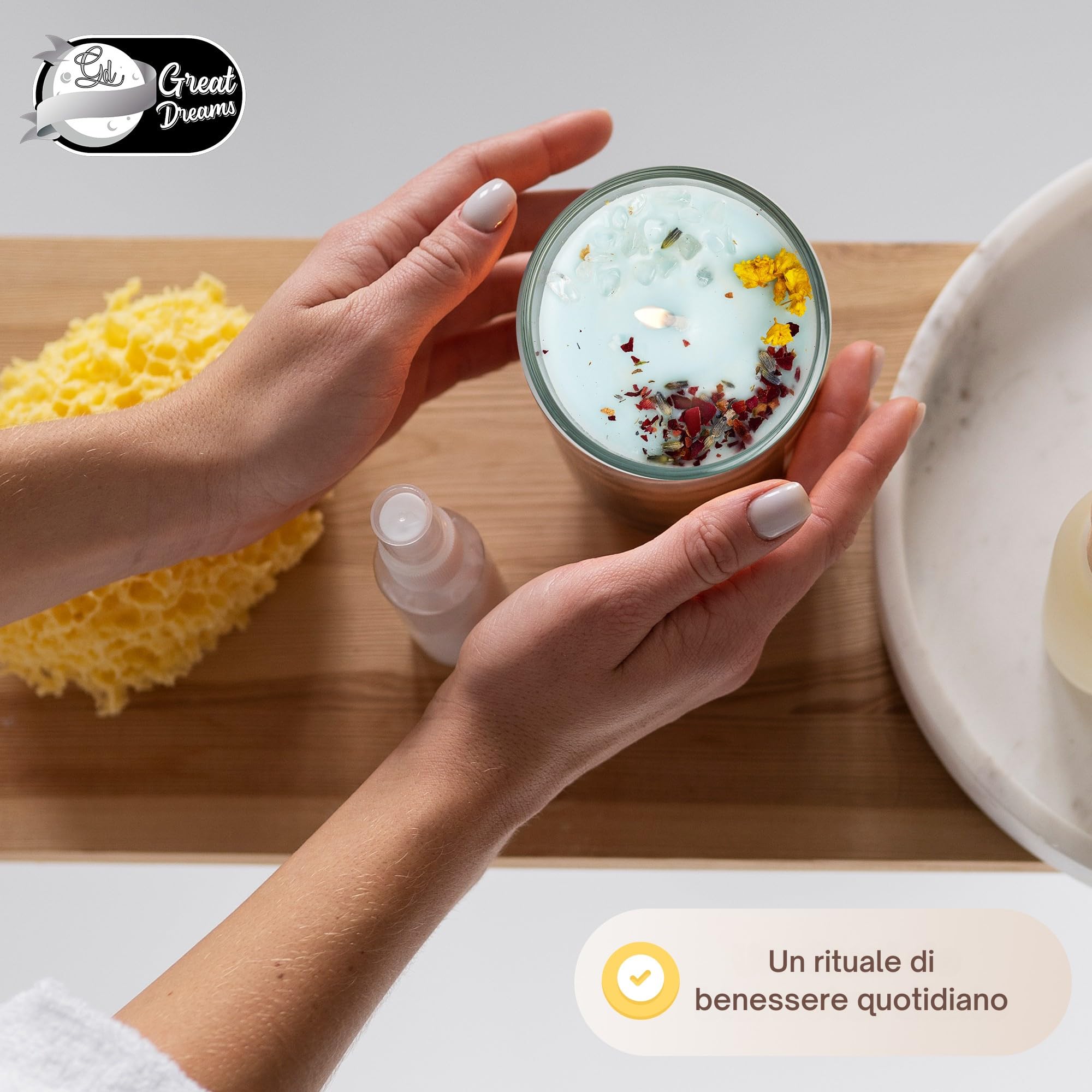 GreatDreams® Set 2 Candele Profumate Curative con Pietre Naturali - Candele Decorative Fatte a Mano Senza Paraffina - Set Regalo di Candele Profumate per Donne - Regali Originali per Donne.