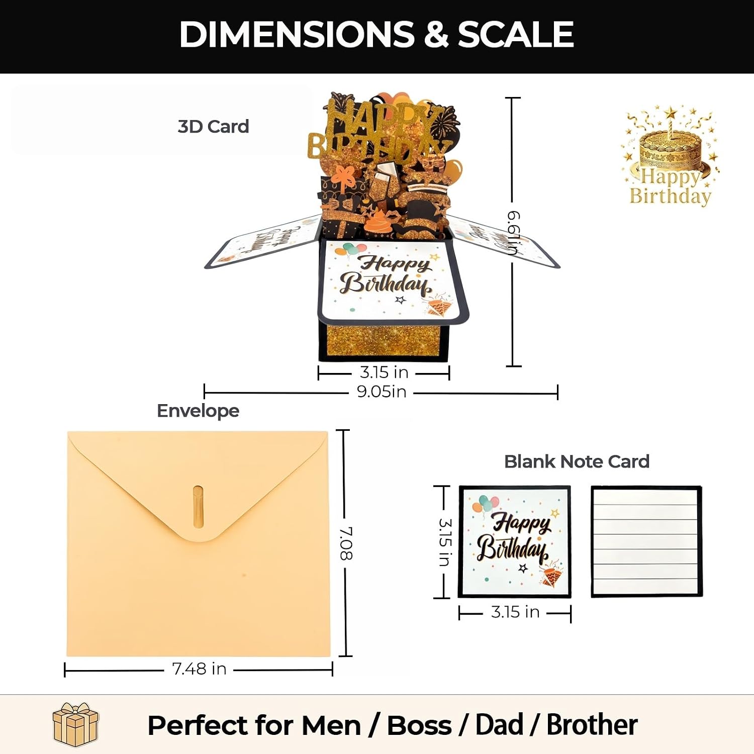 3-Pack 3D Pop Up Birthday Cards Set with Envelopes & Note Cards