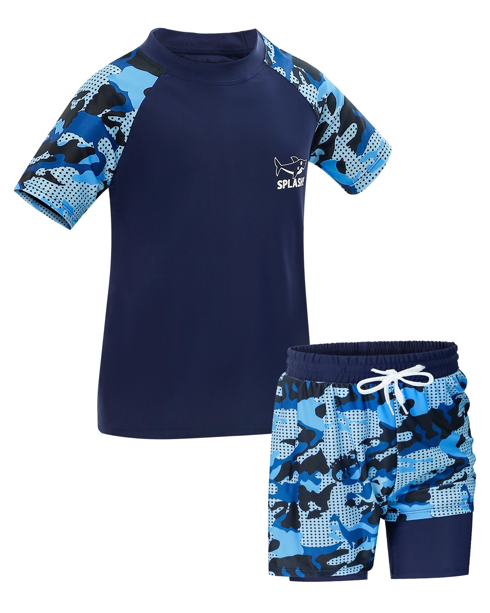 KAKU NANU Conjunto de Bañador para Niño de Manga Corta Camiseta de Baño + Bañador Tipo Bóxer con Doble Forro Azul 3 a 15 Años
