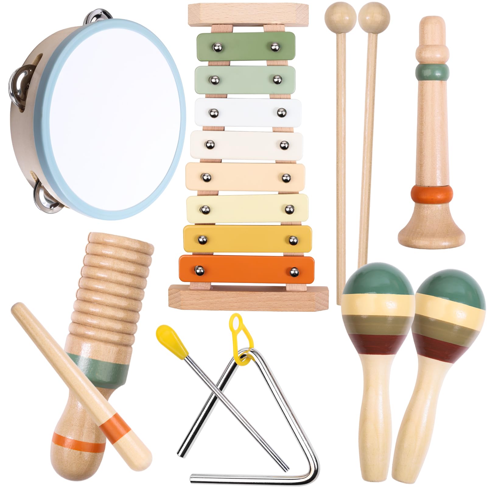 Instrumentos Musicales para niños a Partir de 3 año, Juego de música Montessori de Madera en Colores neutros con xilófono, pandereta, sonajeros y triángulos, Juguetes educativos para niños y niñas