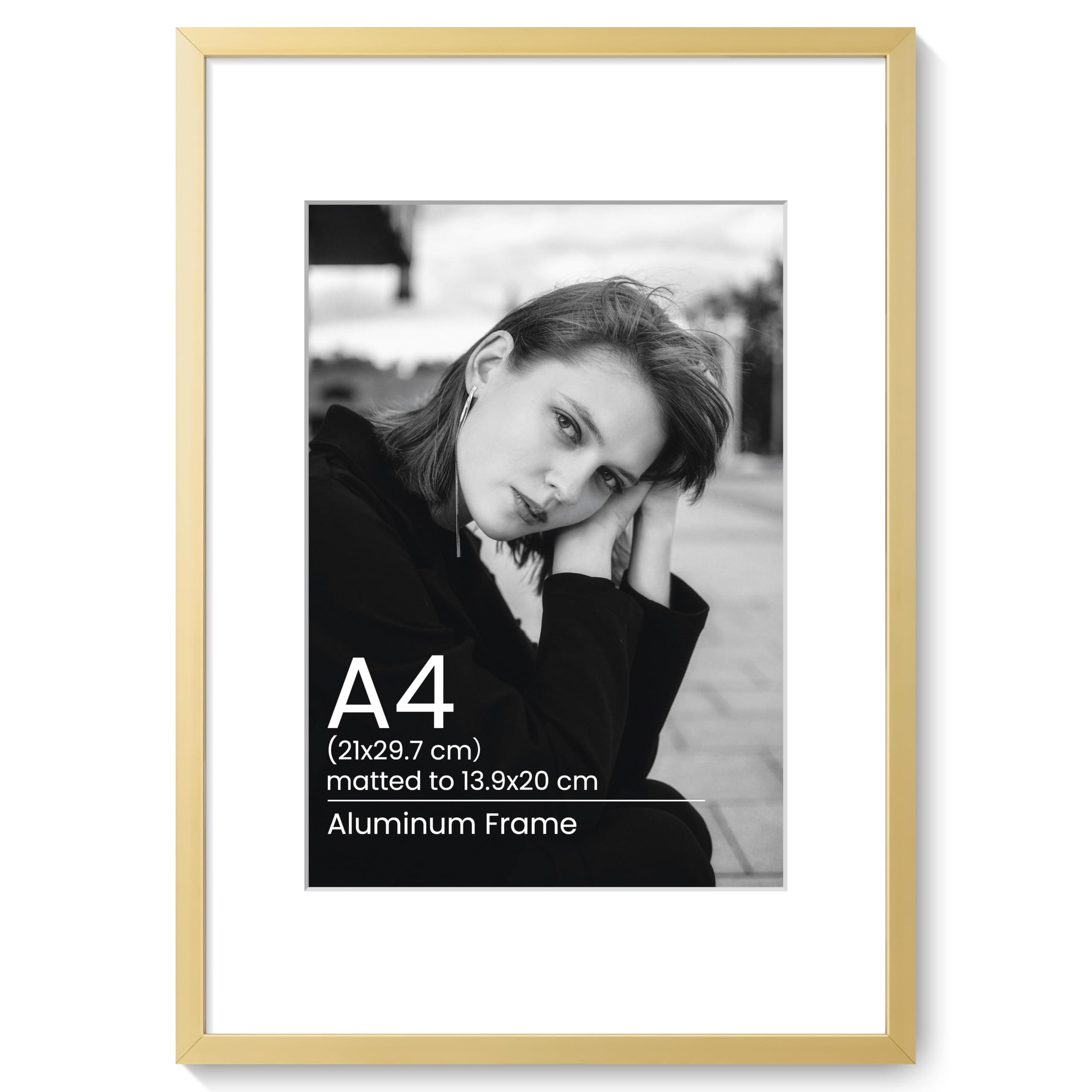KovaScape A4 Aluminum Photo Frame - Modern Flat Metal Picture Frames with A5(13.9x20 cm) Removable Mat and HD Glass - Versatile Wall & Tabletop Display for Gallery Art, Gold