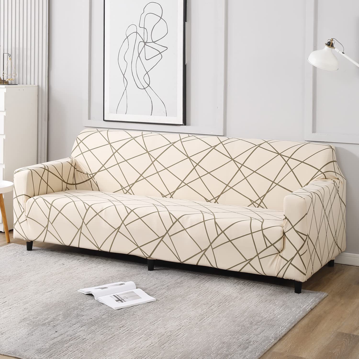 HOKIPO Sofa Cover 4 Seater Fully Covered, Beige Abstract Line