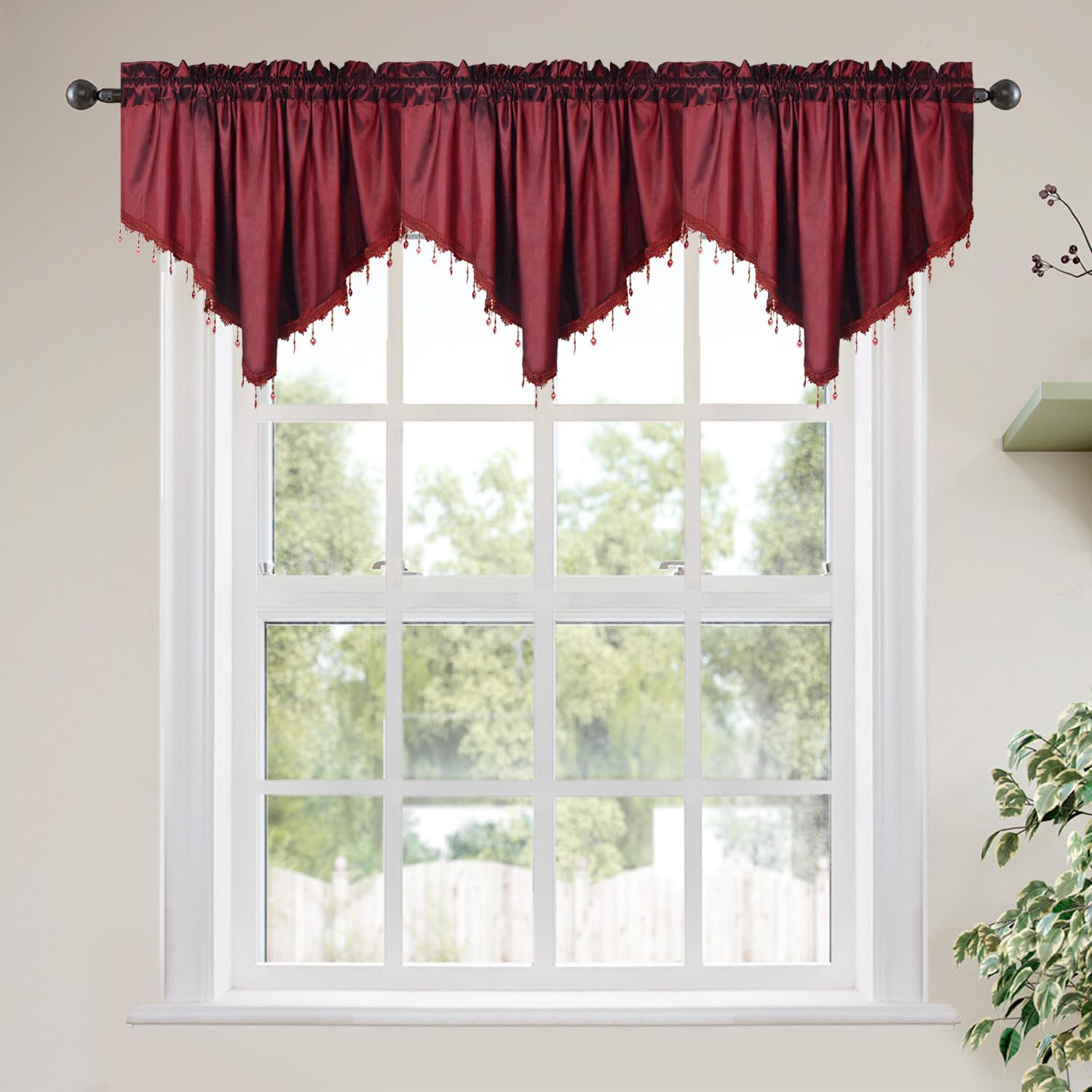 Molaxhome Valance Swag Curtain 51 Inch Scalloped Cloth Curtain Panels with Crystal Beads - Rod Pocket Farmhouse Window Treatment for Kitchen Bedroom 1pc Boho Chic Drape Decor 021Red