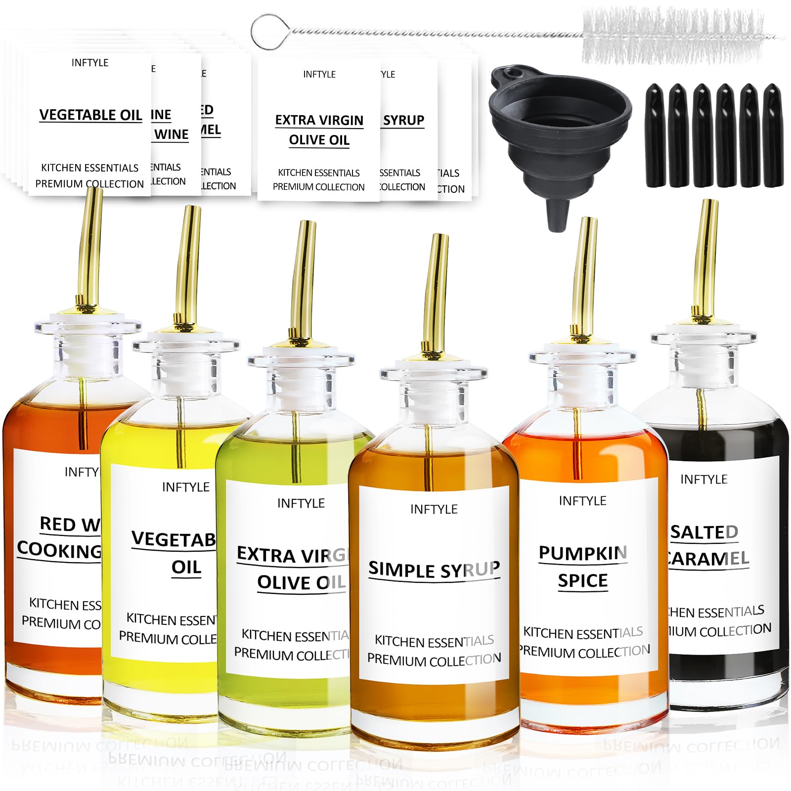 Juego de 6 botellas dispensadoras de aceite de oliva de 12 onzas, dispensador de botellas de aceite de cocina de vidrio para cocina, recipiente de enjuague bucal, con boquilla de vertido de