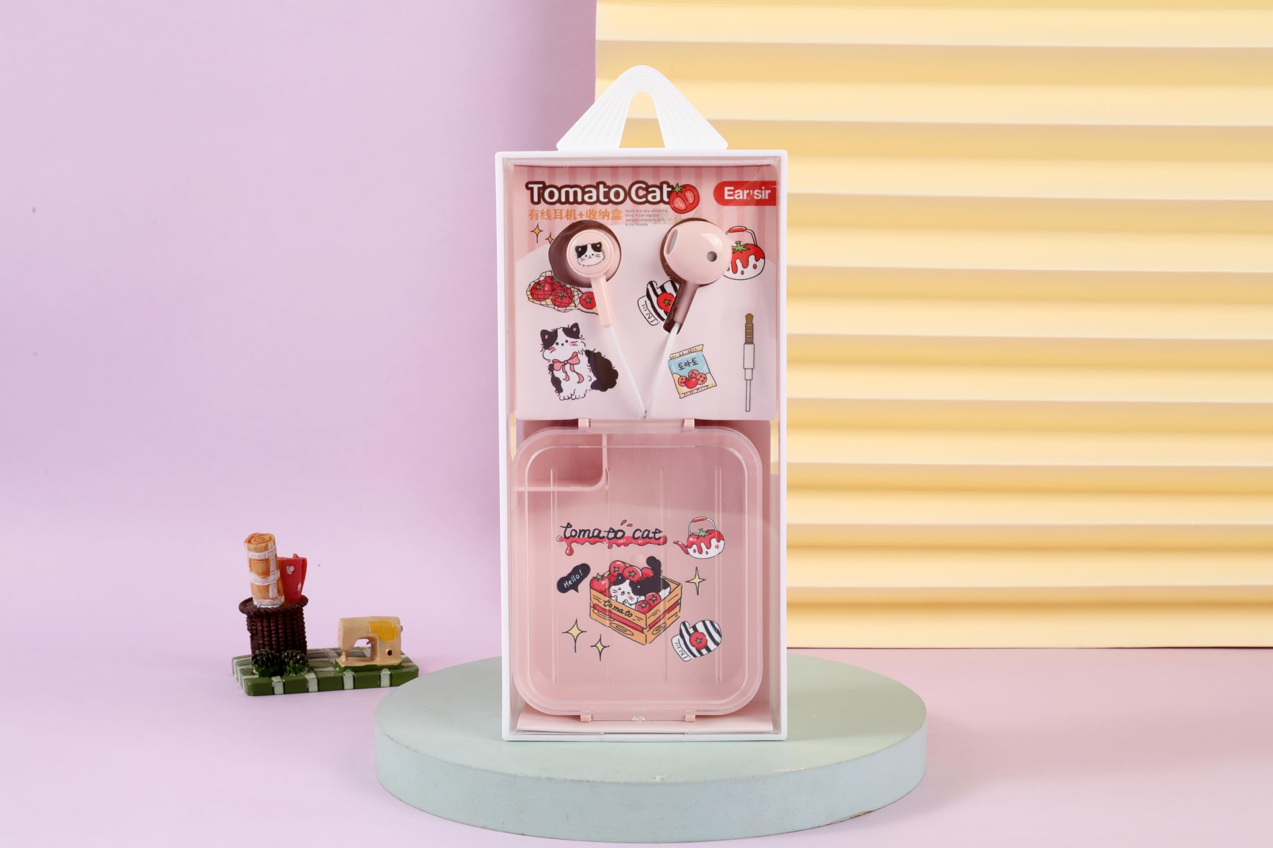 QearFun Tomato Cat Earbuds for Kids, Kawaii Wired Half in-Ear Headphones with Mic & Hard Case, Cute Foodie Kitty 3.5mm Jack Earphones for School Girls Teens (Pink)