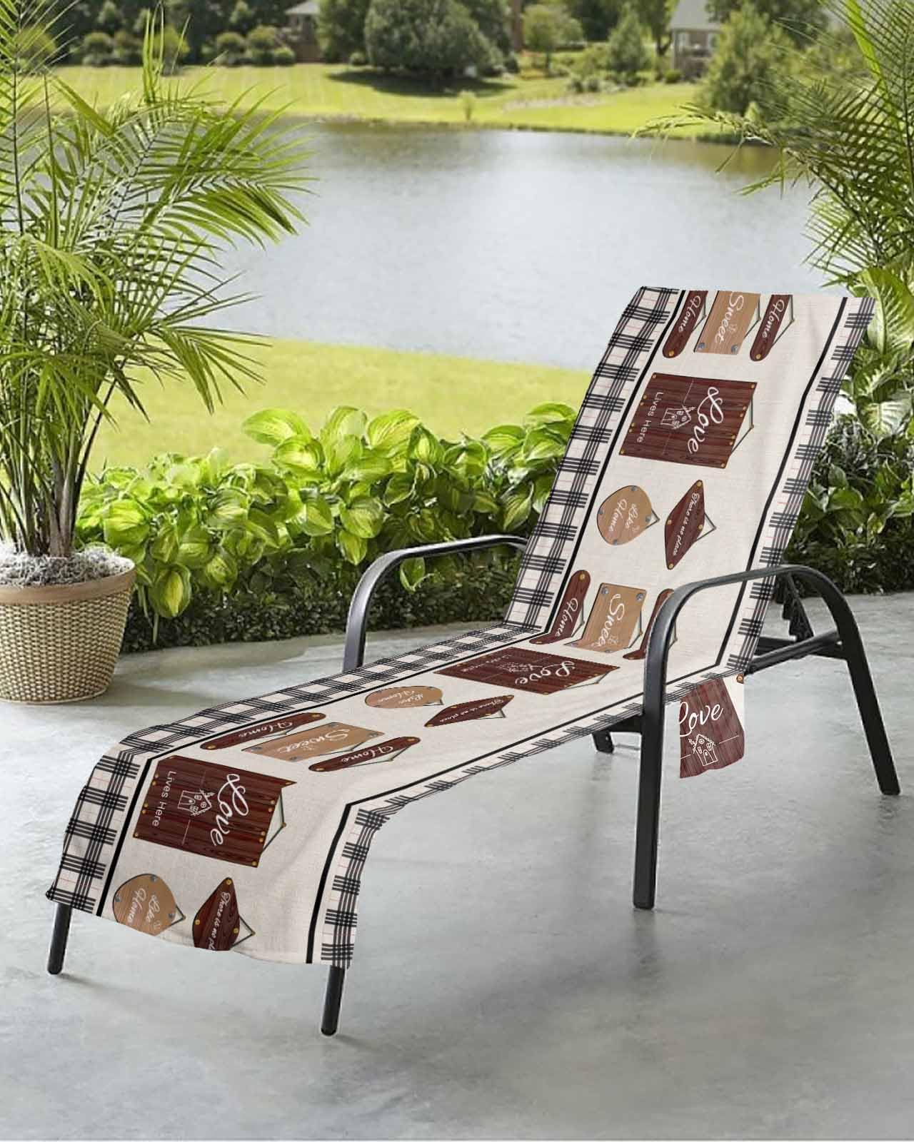 Buffalo Plaid Beach Chair Towel Covers for Chaise Lounge with Side Pocket, Soft Plush Pool Towels Cover for Patio Sunbathing Outdoor 29''x85'' Retro Brown Family Words Wooden Board