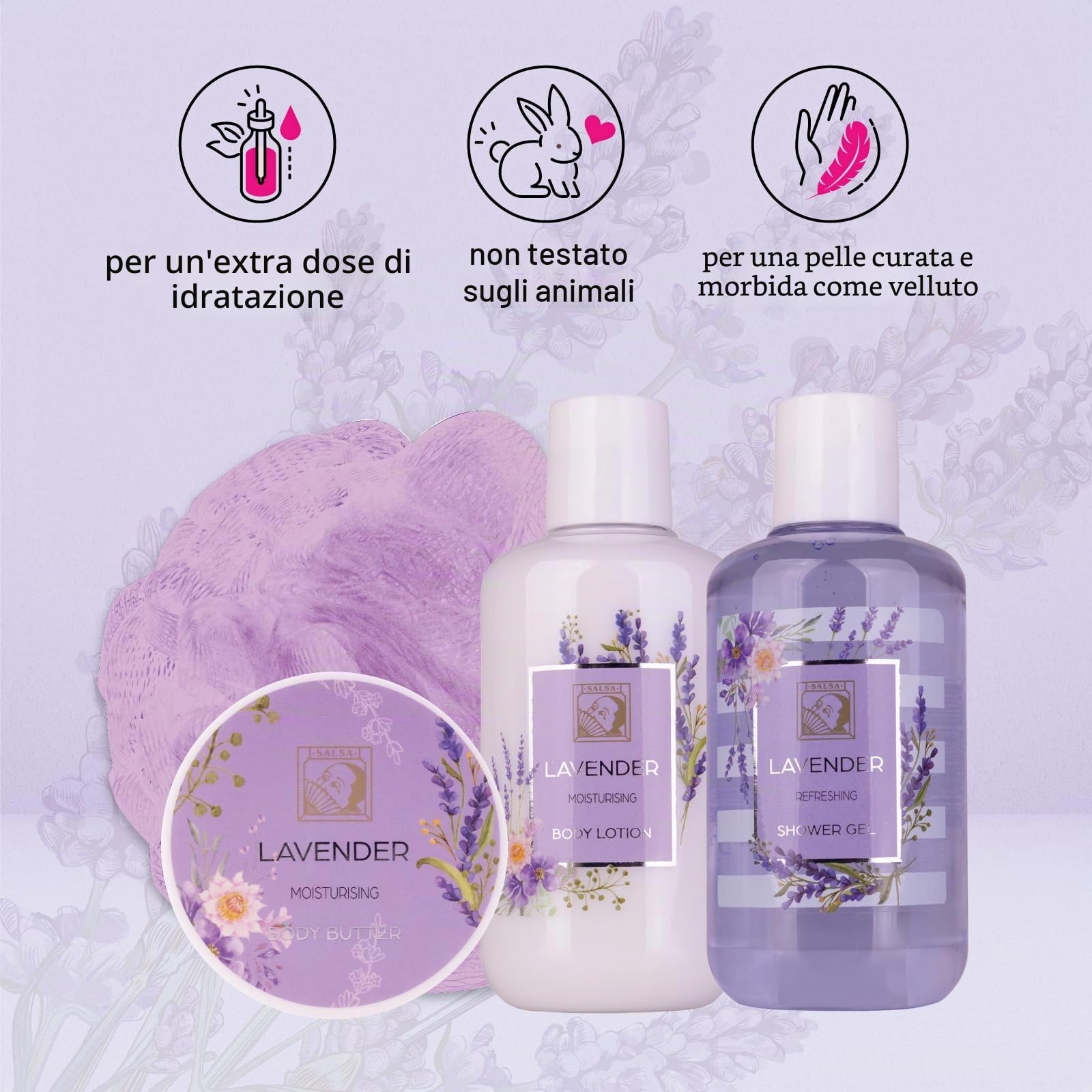Accentra Set doccia da donna LaVENDEL in bella confezione regalo – Set di 4 pezzi con gel doccia, lozione per il corpo, burro per il corpo e spugna a rete – Set regalo per San Valentino e festa della