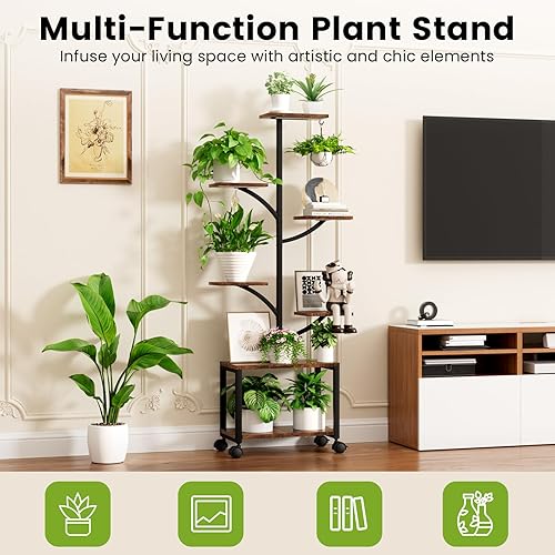 Miniatura 9 de Soporte para plantas de interior con luces de cultivo y ruedas, estante de esquina móvil de 7 niveles de 60 pulgadas de alto para plantas de