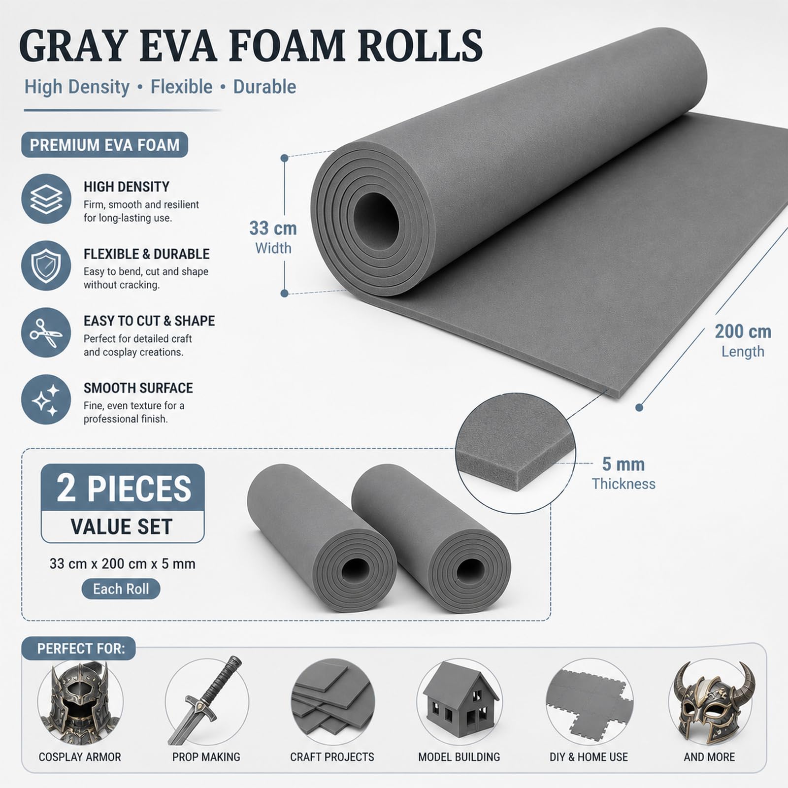 STARVAST 2 Pièces Mousse EVA 5 mm, Eva Foam Gris 33 x 200 cm, Rouleau de Mousse Haute Densité Dureté 38 pour Protection, Bricolage et Découpe