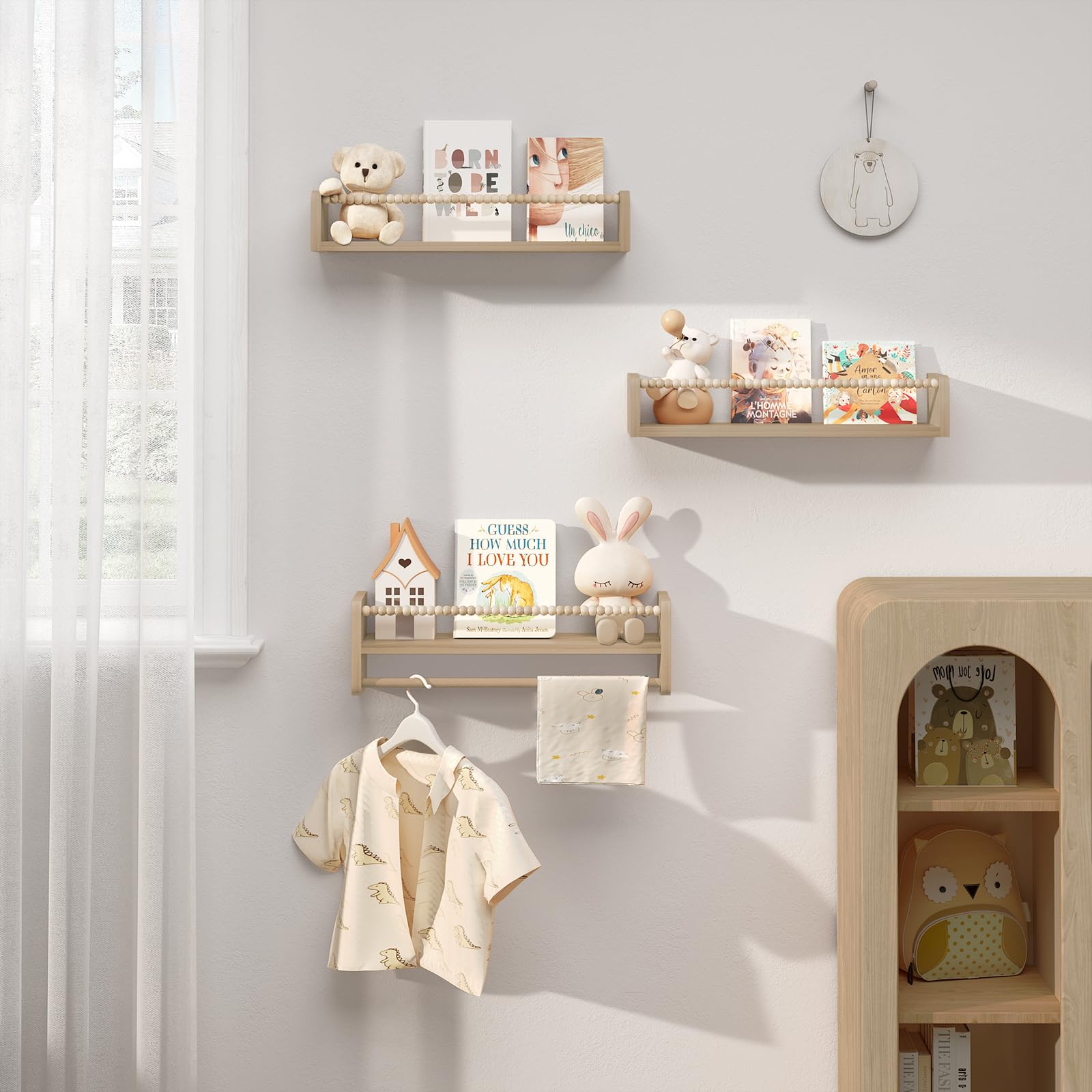 Libreria Per Bambini WOLTU Da Parete - Set Di 3 Scaffali In Legno Massello Con Barra Anti-Caduta, 50cm