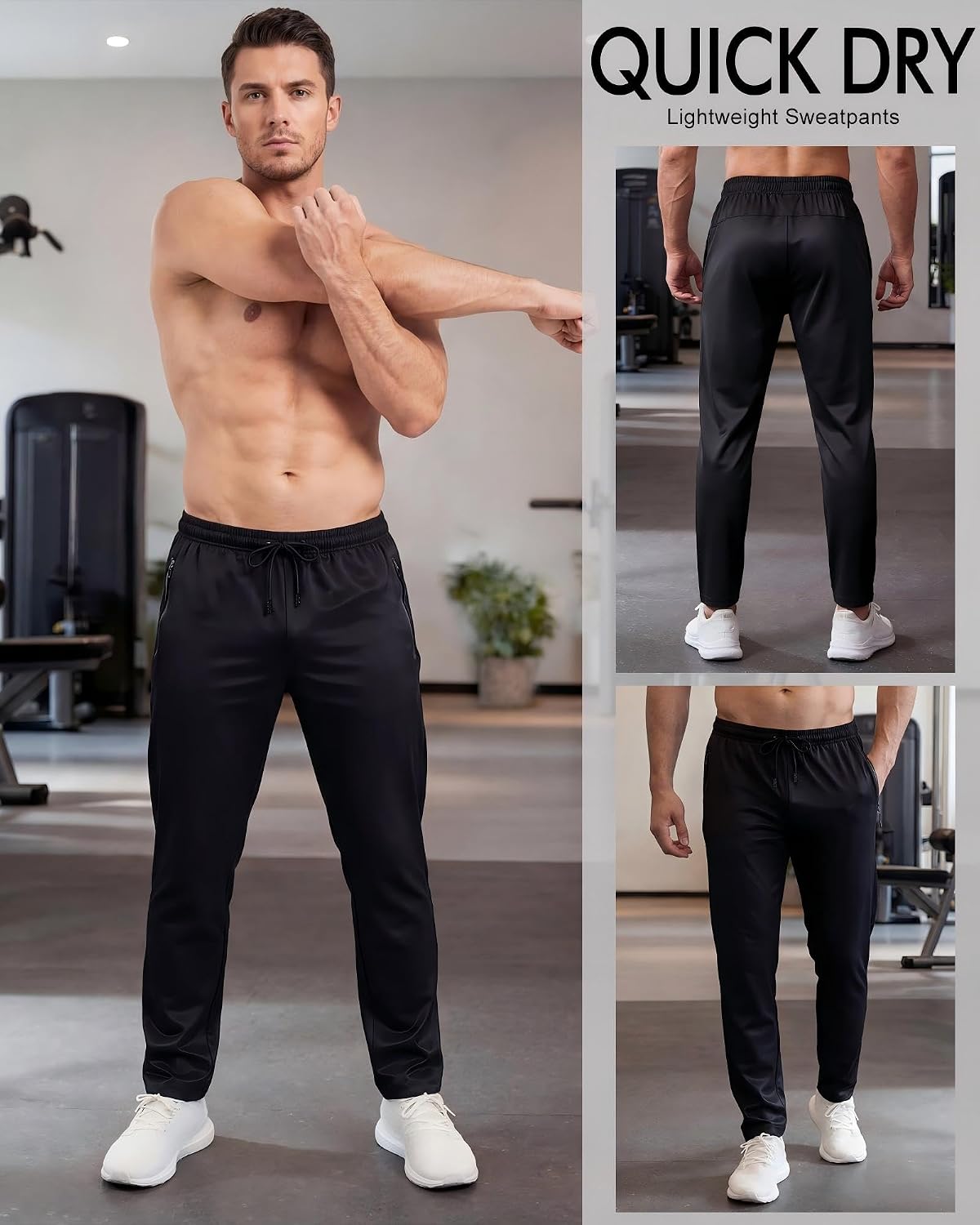 Coume 3 Pack Men's Quick Dry Lightweight Sweatpants Stretch Running Athletic Gym Training Jogging Pants with Zippered Pockets