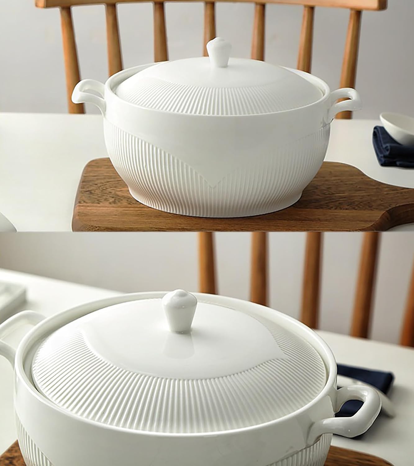 Ceramic Serving Soup Tureen Bowls with Lid and soup spoon,Porcelain Soup Tureens with Lid and Spoon Serving Bowls for Kitchen Microwavefor Home Kitchen Restaurant Decoration,3000ml