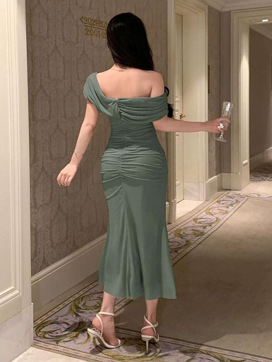 Elegant Women's Plain Sleeveless Asymmetric Neck Dress Perfect for Special Occasions