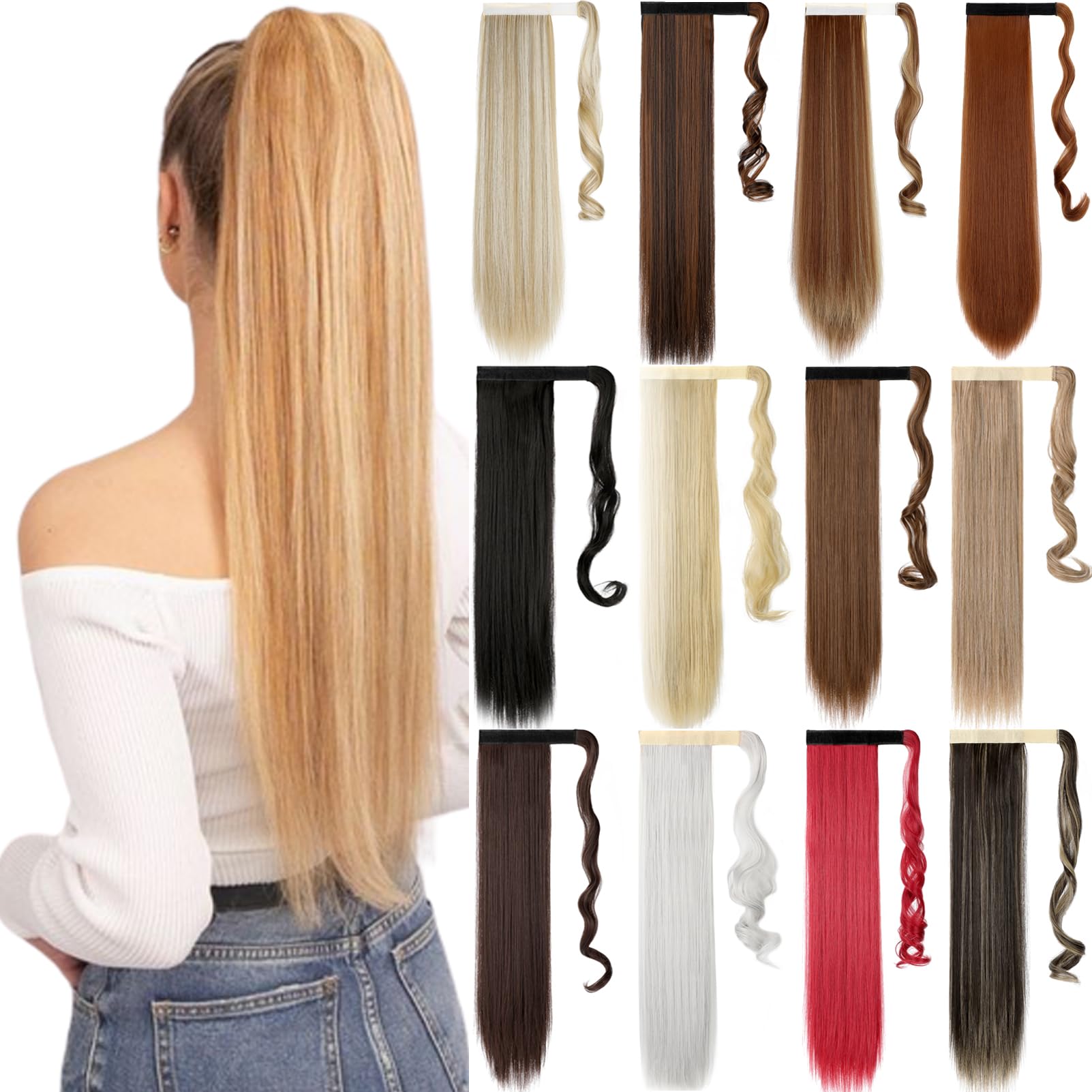 FELENDY (60cm -Straight, Ash Blonde) - 46cm 60cm Ponytail Extension Curly Straight Drawstring Hairpiece Wrap Around Long Hair Extension for Women