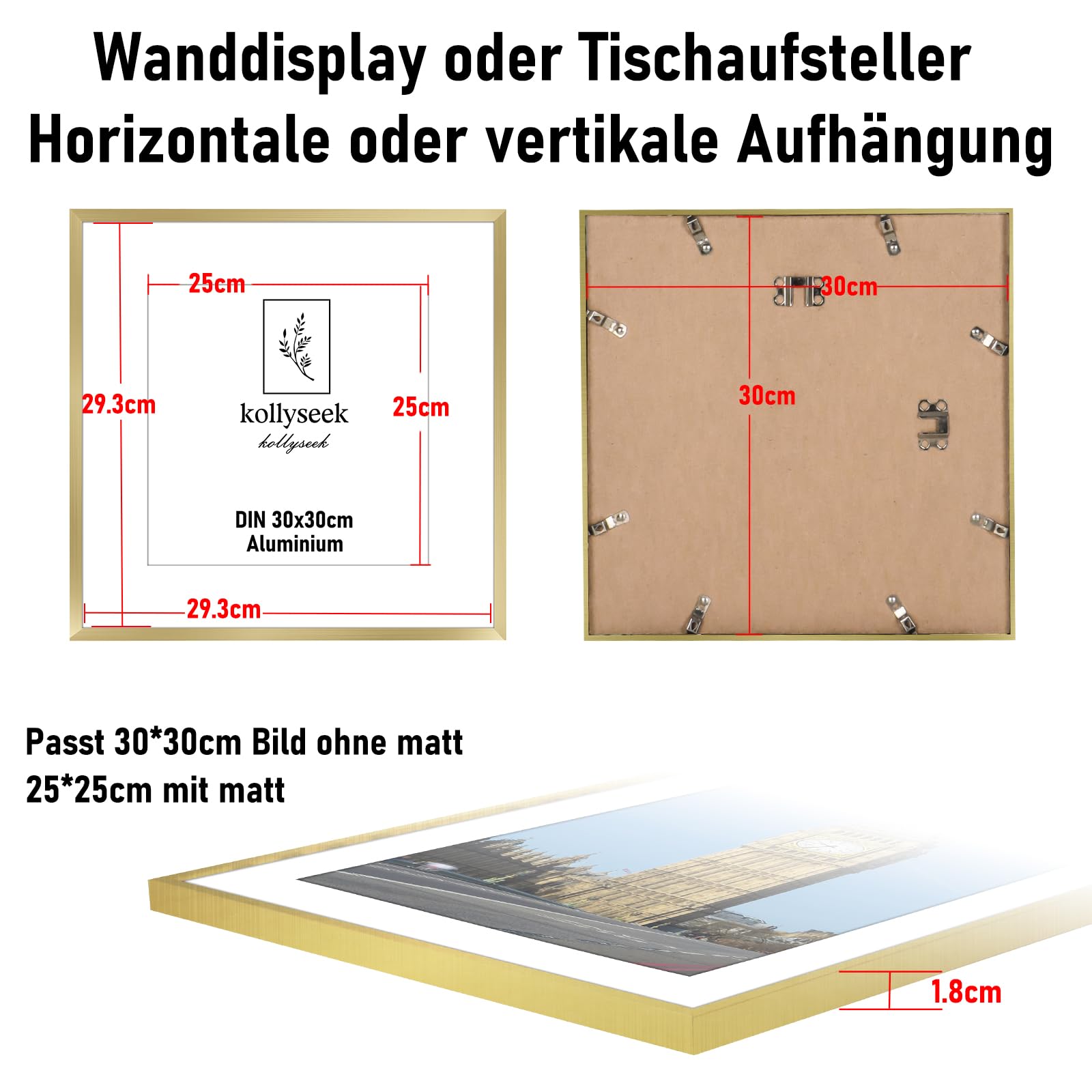 kollyseek Photo Frame Aluminum 30x30cm Metal Poster Frame with Shatterproof Acrylic Glass 12x12in Modern Display Picture Frame with Mount for Table Top/Wall Mounting (Gold) - Image 3