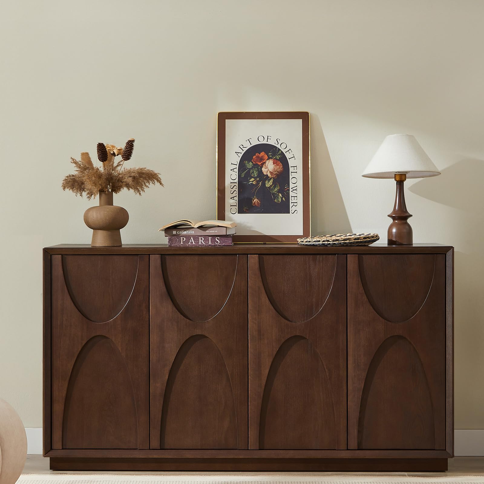 LKTART 59" Sideboard Buffet Cabinet Retro Accent Storage Cabinet with Magnetic Door Latches Adjustable Shelf for Living Room Kitchen(Walnut)