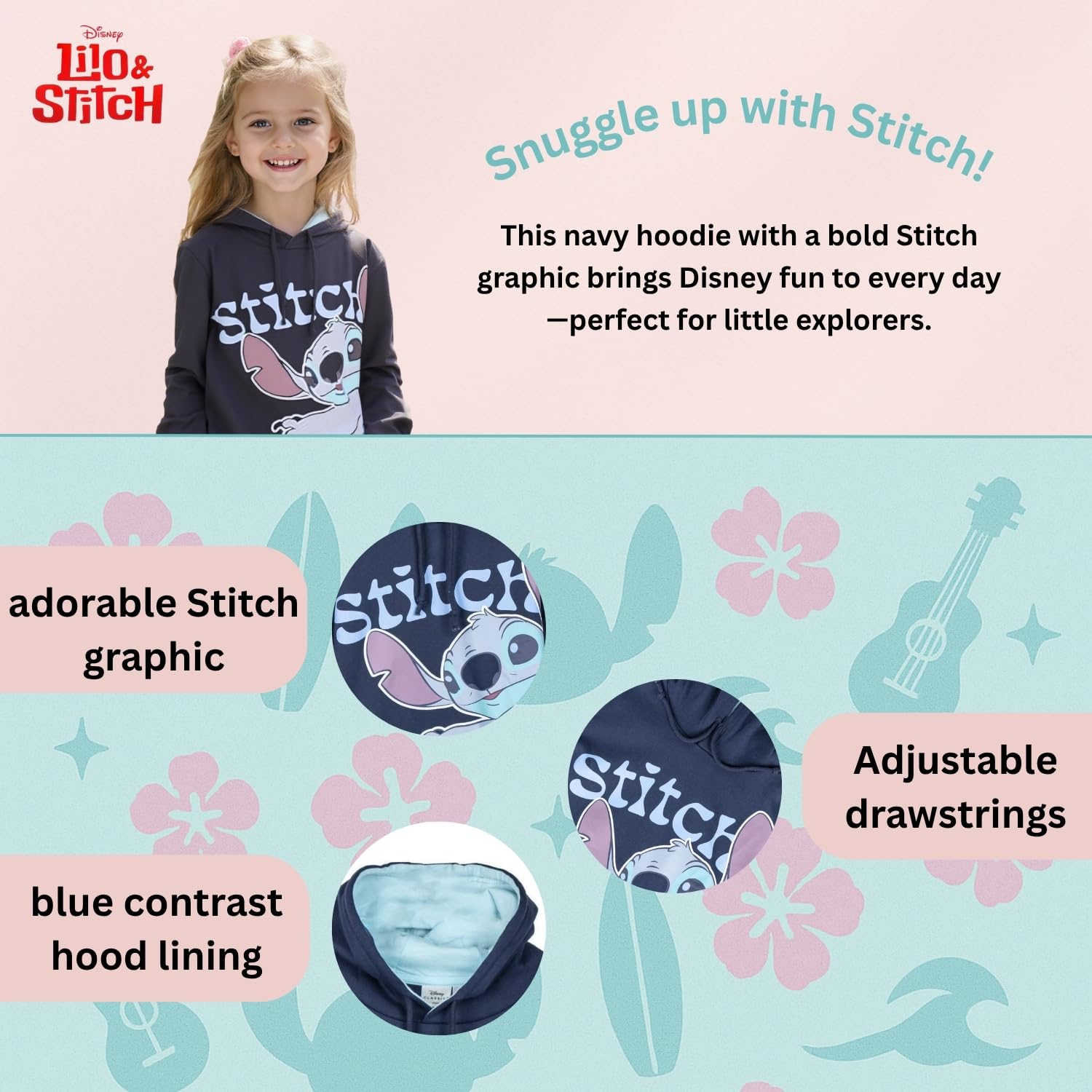 Disney Pull à capuche Lilo et Stitch pour enfants et adolescents - Pull cool - Bleu foncé ou rose - Chaud et douillet - Tailles 128-164 cm