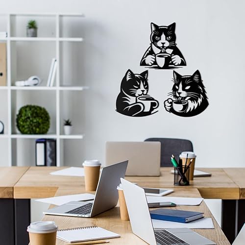 Miniatura 7 de Kathfly 3 piezas retro de metal negro gato decoración de pared con temática de café arte de pared gato bebida café carteles café bar decoración