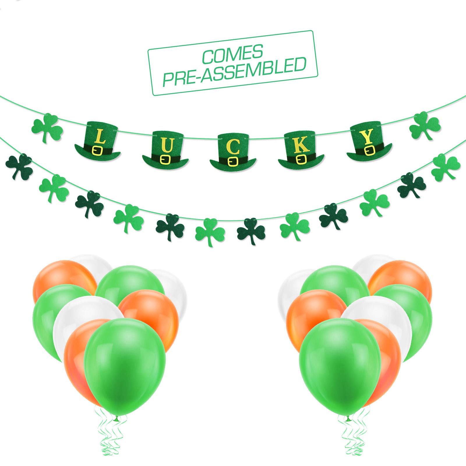 St Patrick’s Day Decorations, St. Patrick’s Day Banner Decor - NO DIY - Felt Shamrock Garland for Irish Party Supplies( 2 Banners & 18 Balloons)