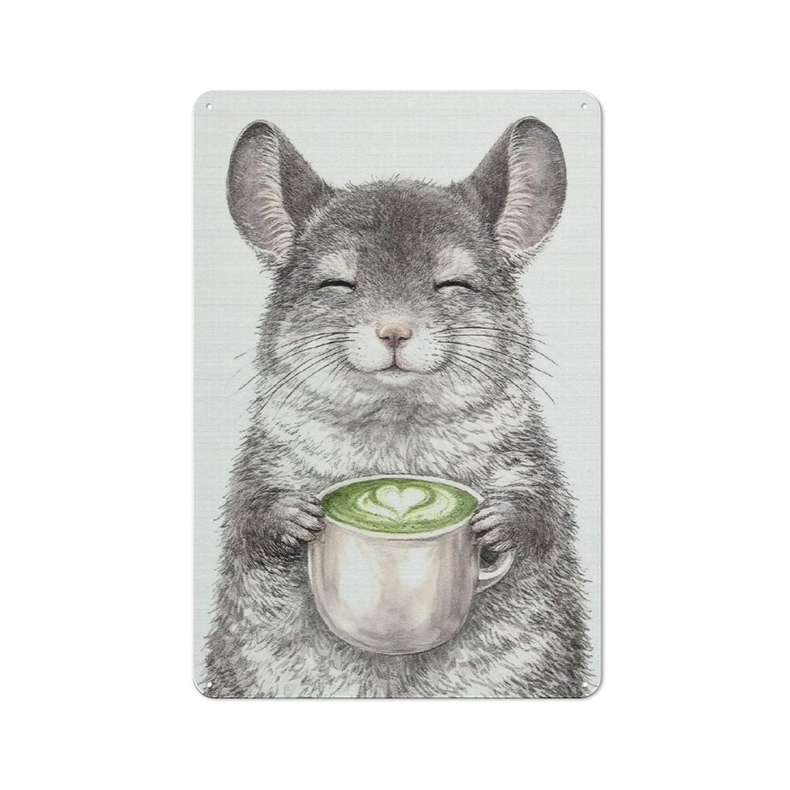 Rustic Chinchilla Enjoying Matcha Latte Tin Wall Plaque 30x20cm, Rustic Kitchen Decor for Cottage, Kitchen, Hallway Or Breakfast Nook