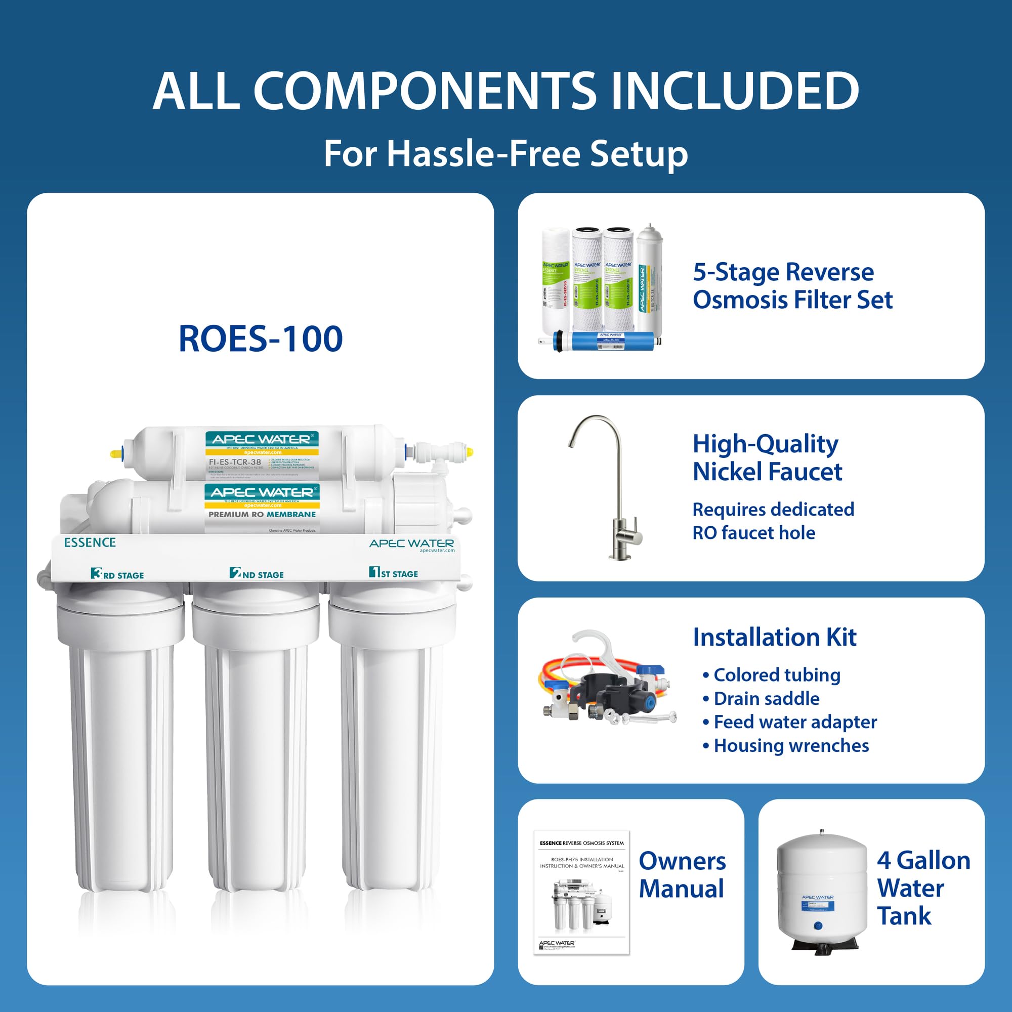 APEC Water Systems Essence ROES-100 Sistema de filtro de agua potable de ósmosis inversa de 5 etapas, 100 GPD, dispensación rápida, 1:1 puro para drenar