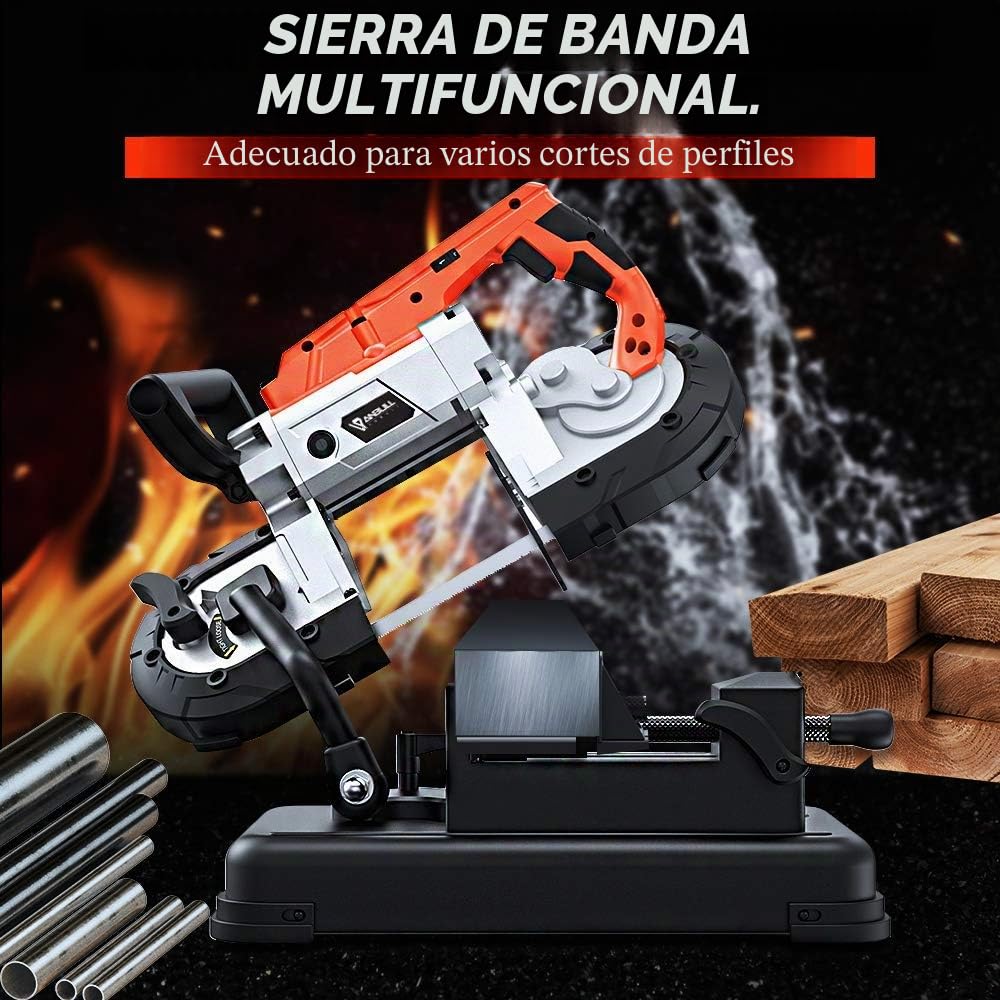 Anbull Sierra de cinta de metal con foco LED, 1100 W/230 V, ajustable 0 – 45 °, sierra de cinta con base extraíble, banco de trabajo de acero aleado