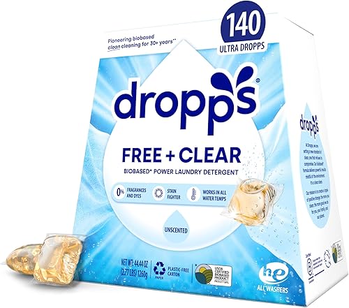 Dropps Cápsulas de detergente para ropa de manchas y olor sin perfume, limpia profundamente las telas, mantiene la ropa fresca, evita olores, HE,