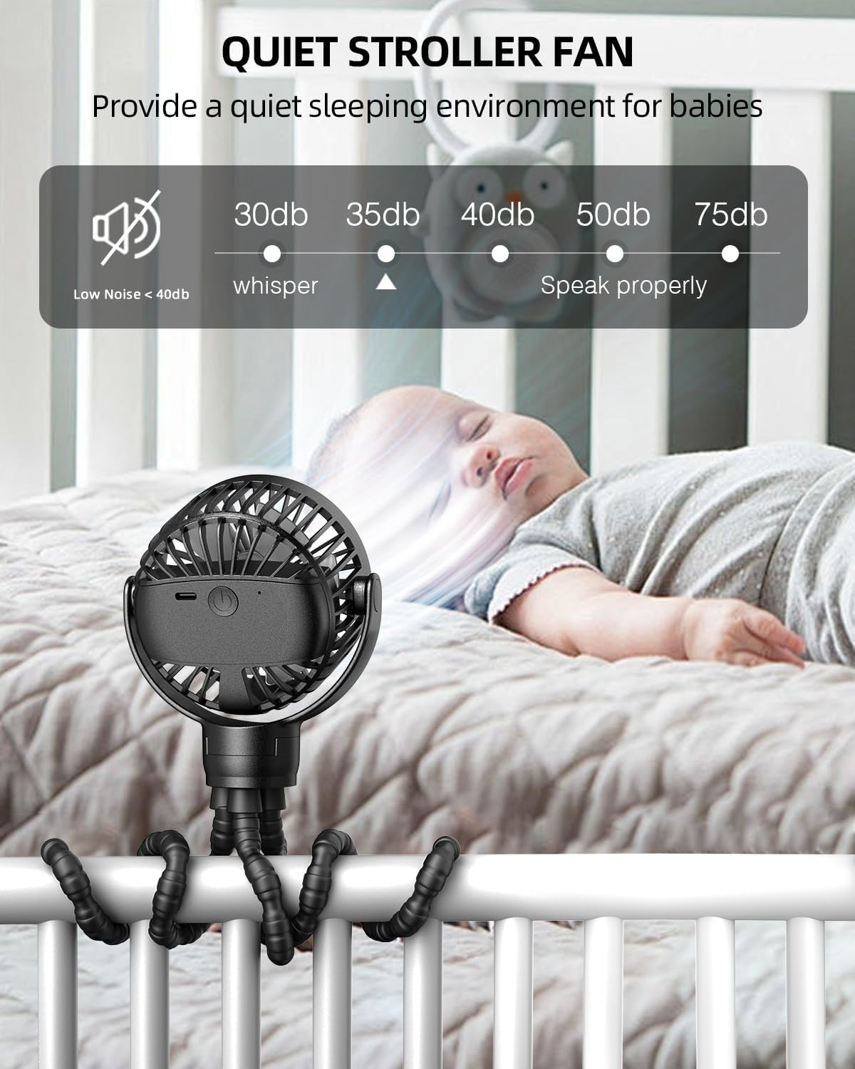 TUNISE Kinderwagen-Clip-Ventilator, wiederaufladbar, leiser bürstenloser Motor mit LED, 3 Geschwindigkeiten, 360° Drehung, abnehmbares Stativ, für Kinderwagen, Laufband, Hand- und Tischgebrauch