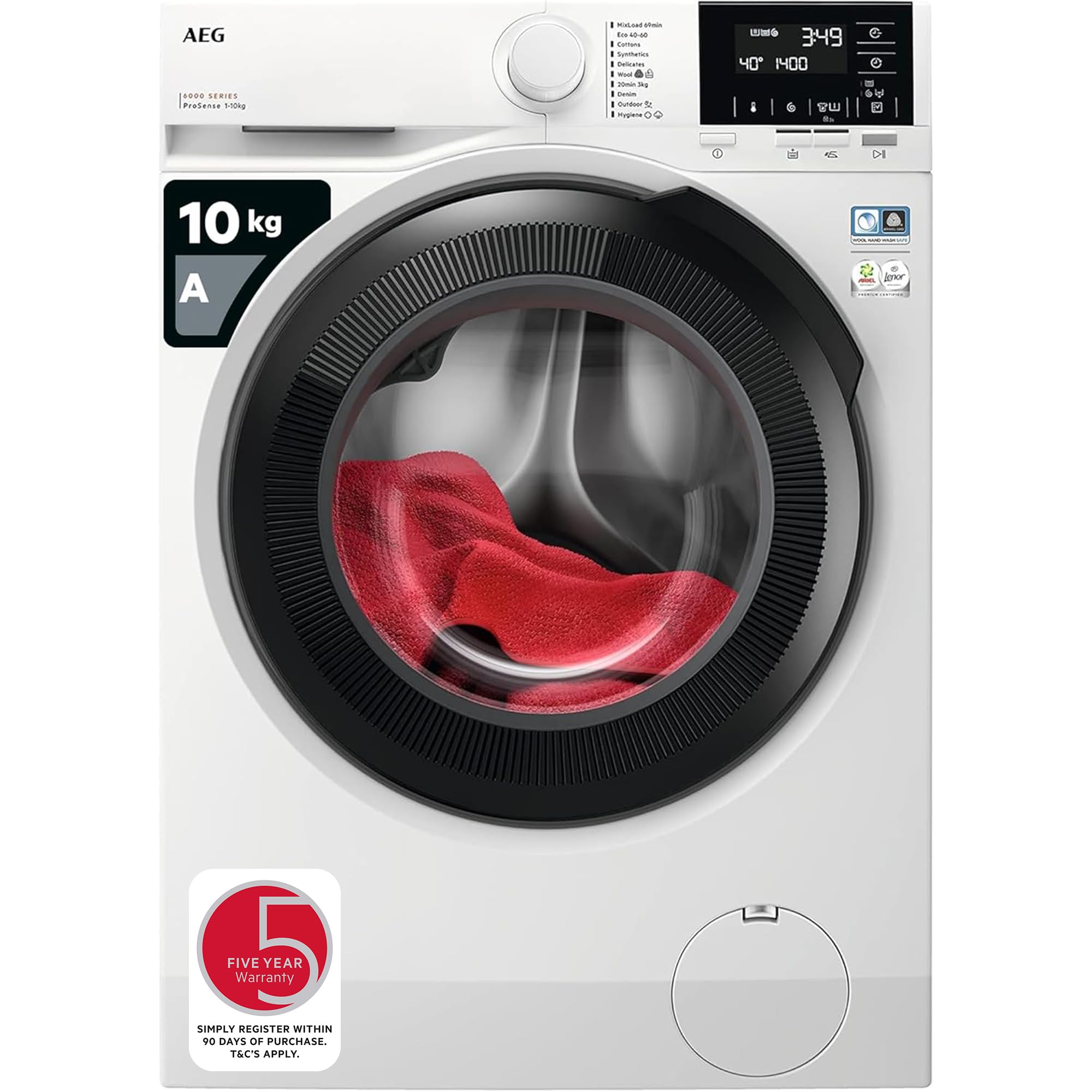 AEG 6000 Series Washing Machine 10kg LFR61144B, 1400rpm, Reduce Time, Water and Energy by 30% with ProSense Technology, Hygiene Program, Customised Laundry Cycles with MixLoad, Energy Class A