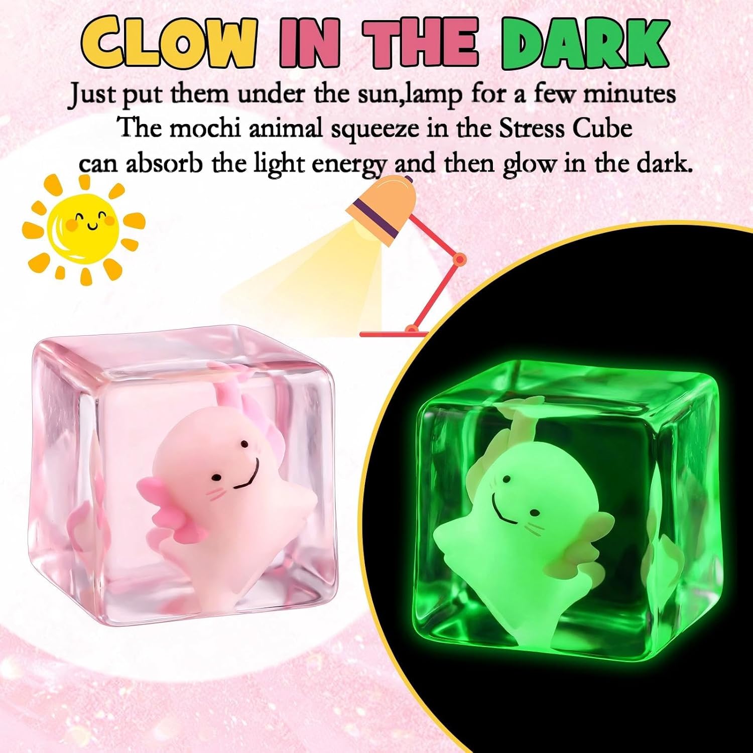 Meooeck 12pcs Axolotls Stress Cube Fidget Ball for Adults with Keychain Glow in The Dark Axolotls Sensory Squeeze Stress Ball for Easter Baskets Gift, Summer Party Favors & Backpack Decor