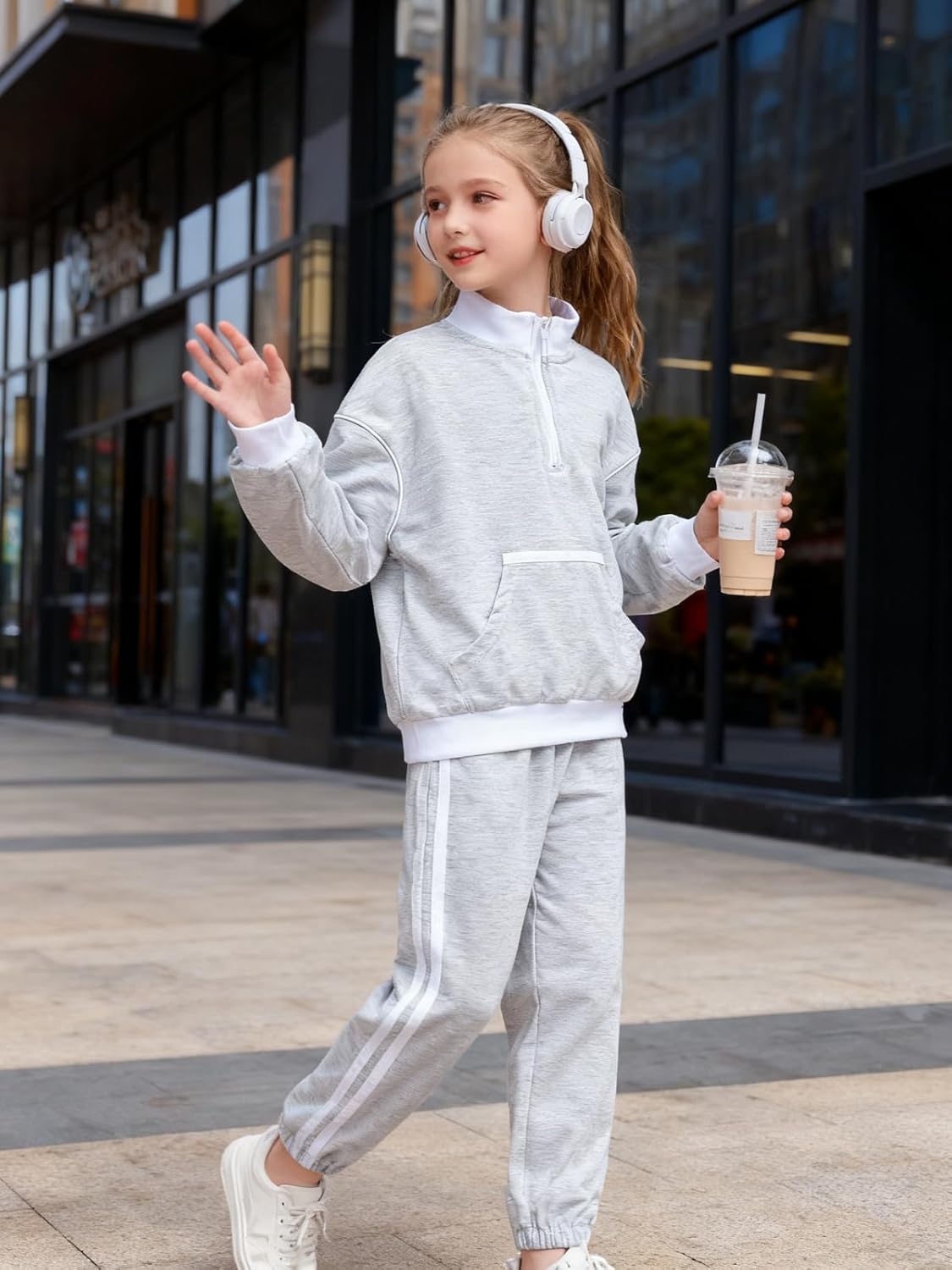 Girls 2 Piece Outfits Tracksuit Long Sleeve Half Zip Sweatshirt and Sweatpants Set with Pockets - Image 3