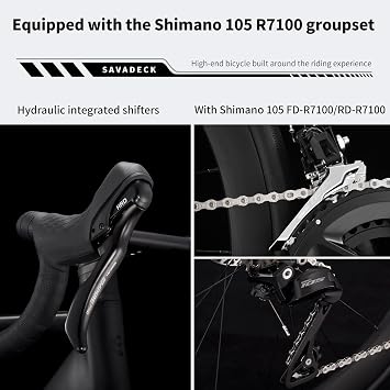 SAVADECK Road Bike with Carbon Front Fork and Wheelset, Aluminum Alloy Frame with Shimano 105 R7100 Groupset, Full Internal Cable Routing, Oil Disc Brake Adult Racing with 24S