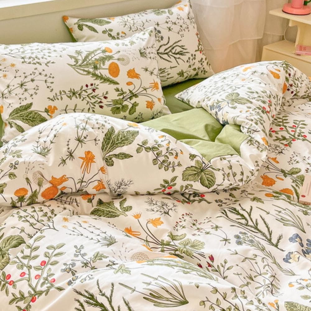 Nayoroom Bettwäsche 135x200 Baumwolle Grün Blumen Blätter Bunt Bettbezug | Frühling,Mädchen,100% Baumwoll,Deckenbezug,Aesthetic,ÖKO-TEX,Landhausstil,Wende,Kissenbezug 80x80 cm,Reißverschluss,2teilig