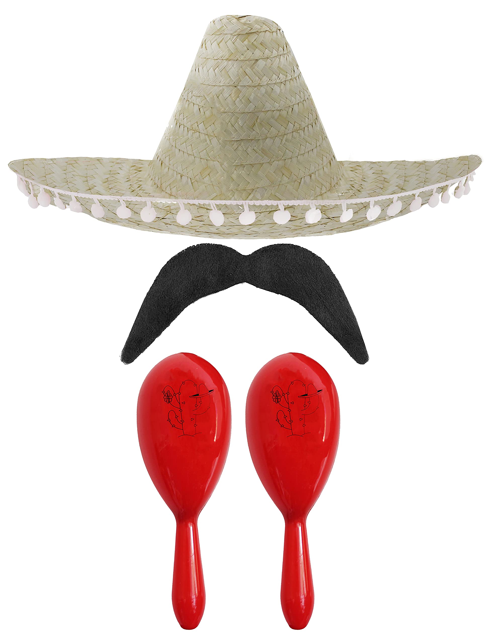 Adults Mexican Accessory Set - Natural Mexican Sombrero, Red Maracas, Moustache - Mexican Cinco de Mayo Sensorita Bandit Mariachi Fancy Dress Costume Accessory Set