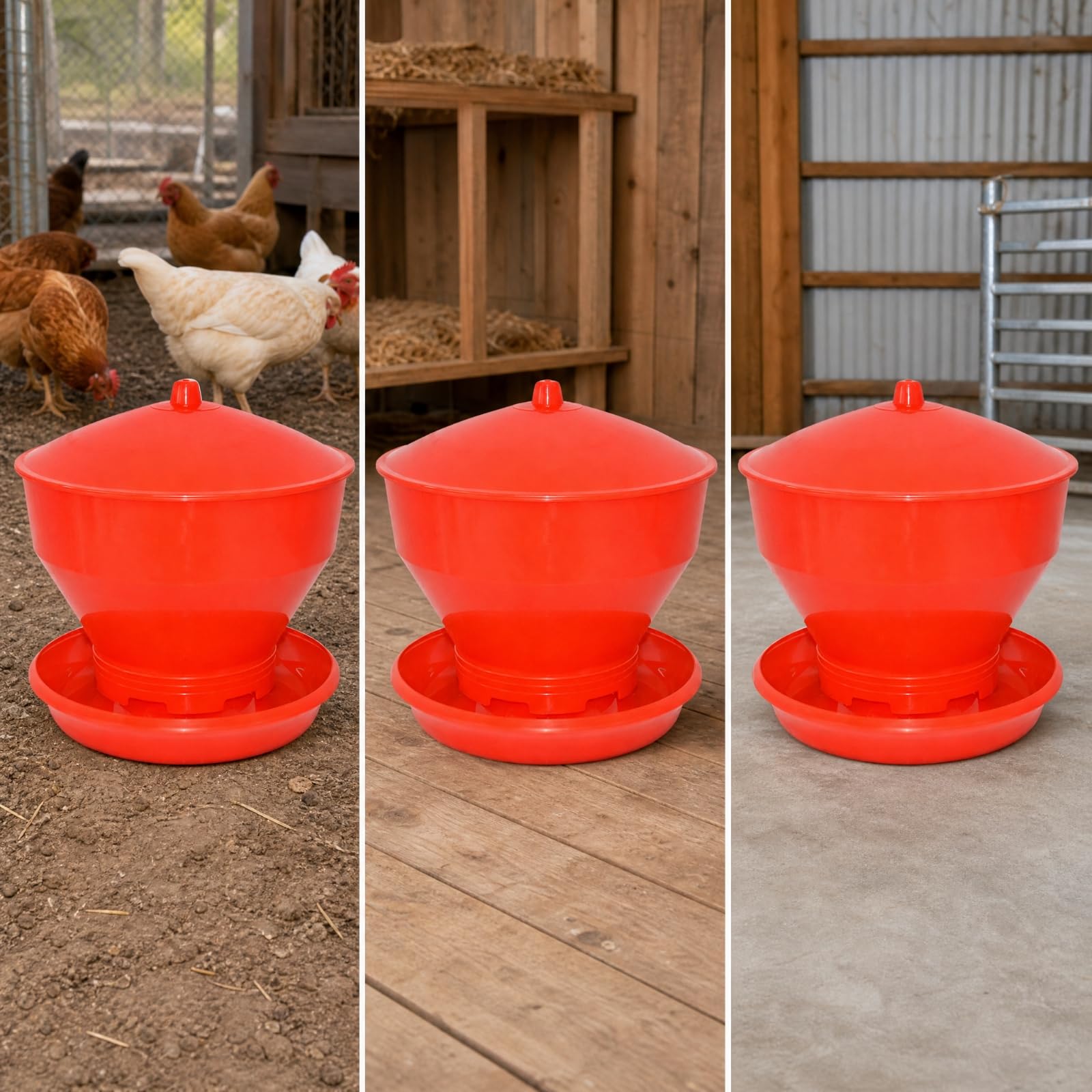 Mangiatoia con Vassoio Circolare e Coperchio Pratico Distributore di Mangime Automatico Pratica per Pollaio, Cortile Domestico, Rosso