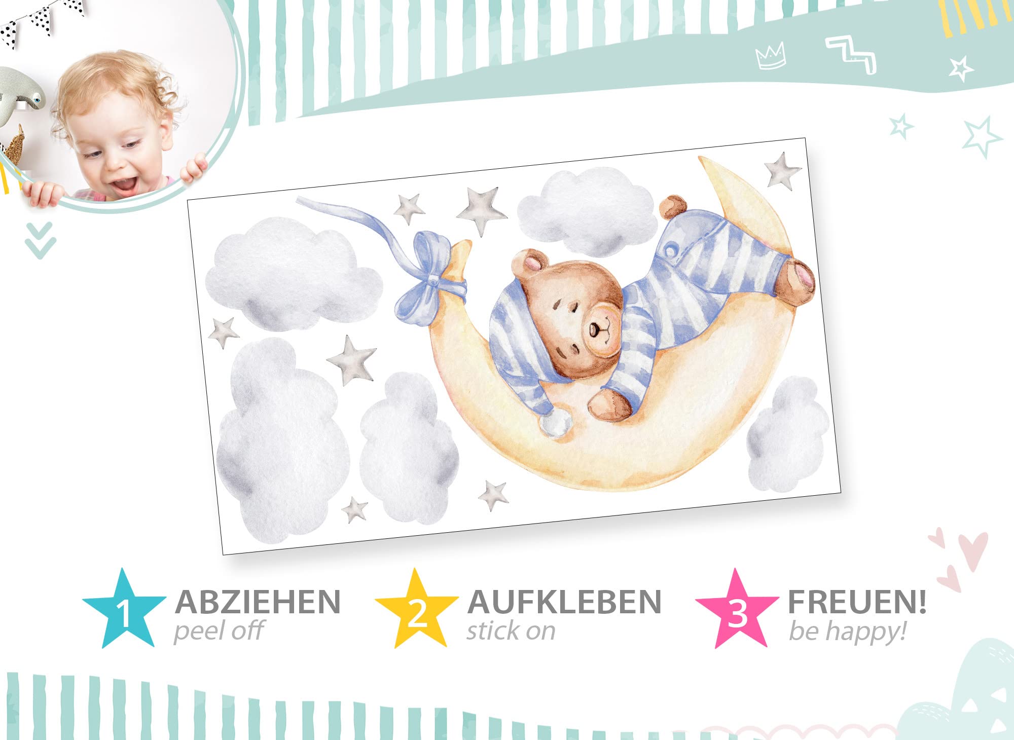 WTD DK1063-4 - Adhesivo decorativo para pared, diseño de oso con luna