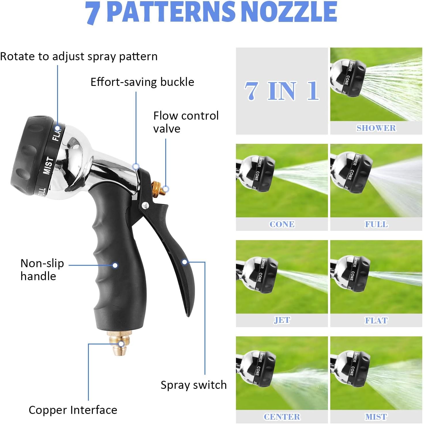YUCHENGTECH Retractable Garden Hose Reel Hose Reel Wall Mount Any Length Lock Water Hose Reel with 7 Pattern Metal Spray Nozzle Brass Connectors 180° Swivel Bracket 1/2” × 65.6FT