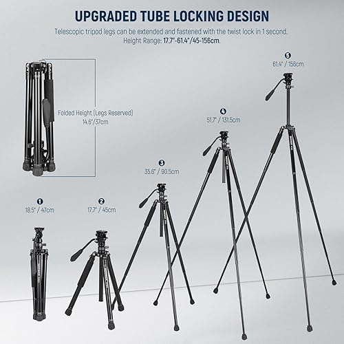 Miniatura 5 de NEEWER Trípode de viaje de video de 61.4 pulgadas con cabezal fluido base niveladora +-10 (1.457 in), soporte de trípode de cámara de metal compacto