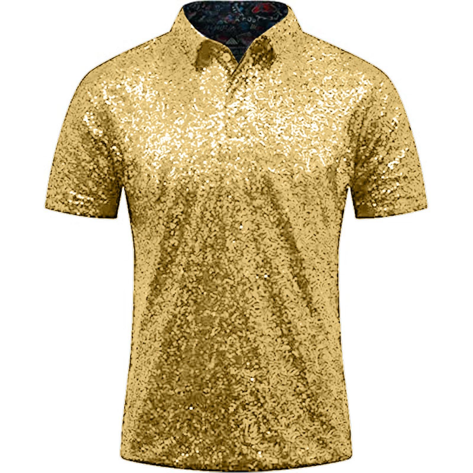 GenericMen's Sequins T Shirts Polos Relaxed Short Sleeve Turndown Sparkles Sequins Shirts Causal Loose 70s Disco Nightclub Party T Shirts Tops Shiny Festival Carnival Rave Party Outfit