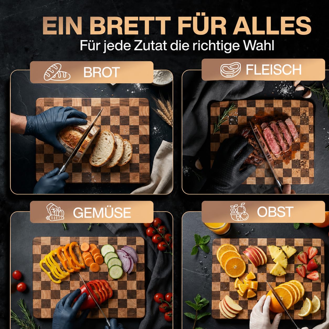 Premium Schneidebrett Stirnholz Schachbrett mit Saftrille aus Walnuss- und Heveaholz - 40 x 30 x 3 cm Hochwertiges Küchenbrett aus Holz - Holzschneidebrett groß mit Standfüßen - Hackblock