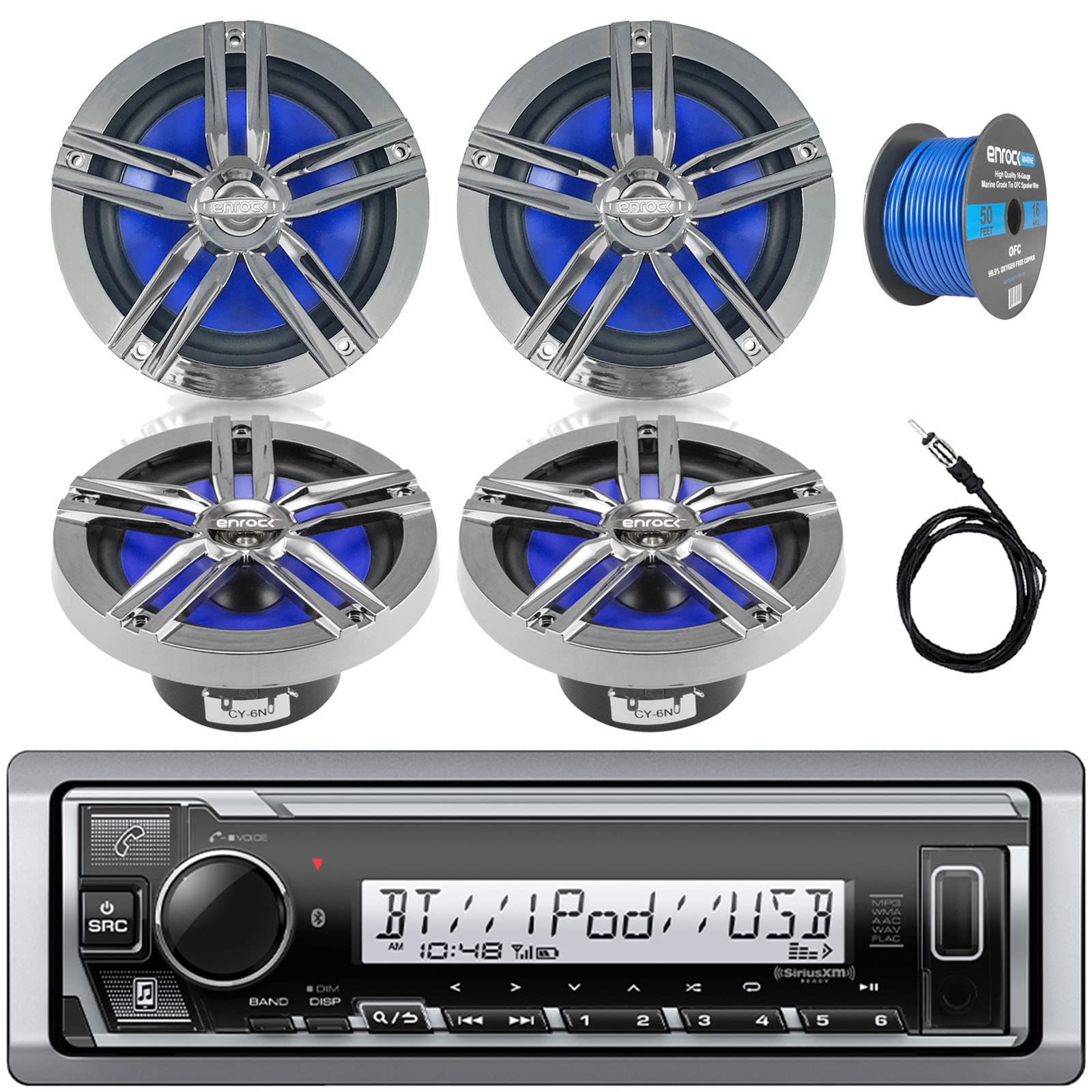 Single DIN Marine Digital Media Bluetooth Receiver Bundle Combo with 4X Enrock Marine 6.5" Water-Resistant Speakers (Charcoal), Antenna - 40 ", Marine 50 FT 16-G Tinned Speaker Wire