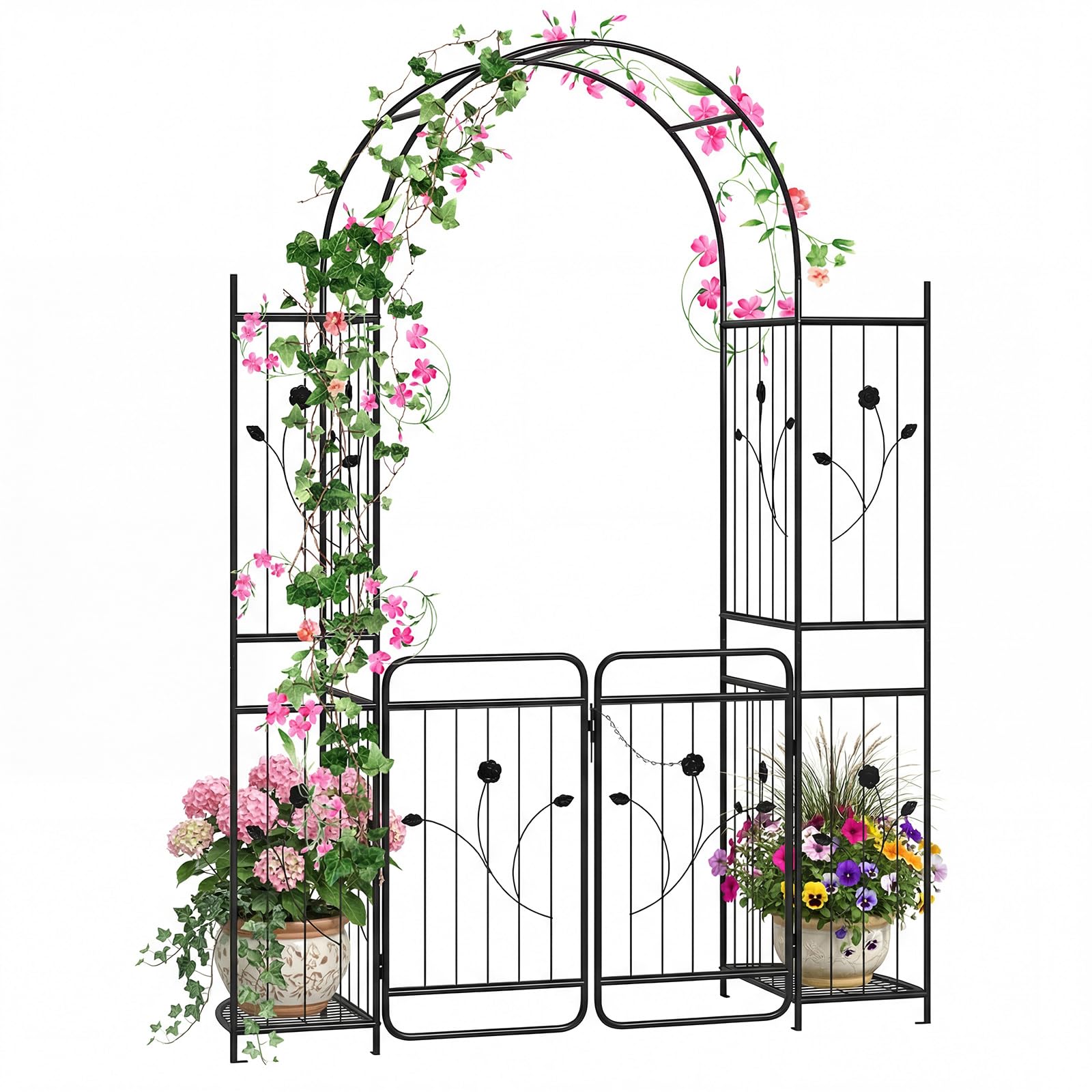TANGZON Garden Arch with Gate, Heavy Duty Metal Arbor Arched Top Arbor Trellis, Decorative Archway for Climbing Plants Party Wedding Ceremony (with Side Shelves, 163 x 50 x 220 cm)