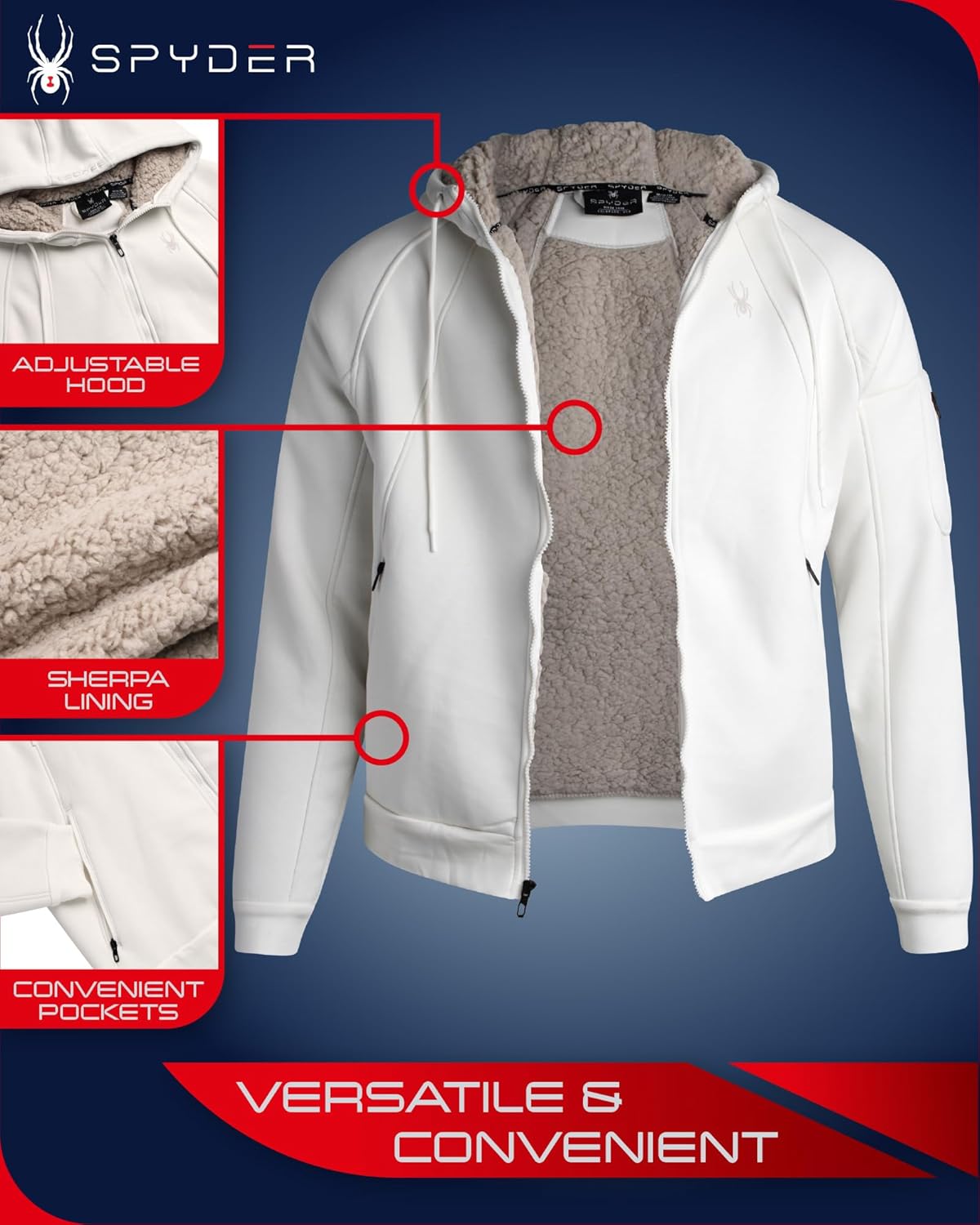 Spyder Mens Sherpa Fur Hoodie - Soft Stretch Waffle Knit Full Zip Up Hoodie Sweatshirt for Men with Cozy Sherpa Fleece Lining - Image 5