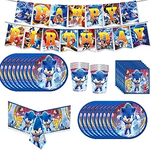 Blue hedgehog birthday party supplies set 62,20 tissues + 20 plates + 20 cups + 1 tablecloth + 1 banner