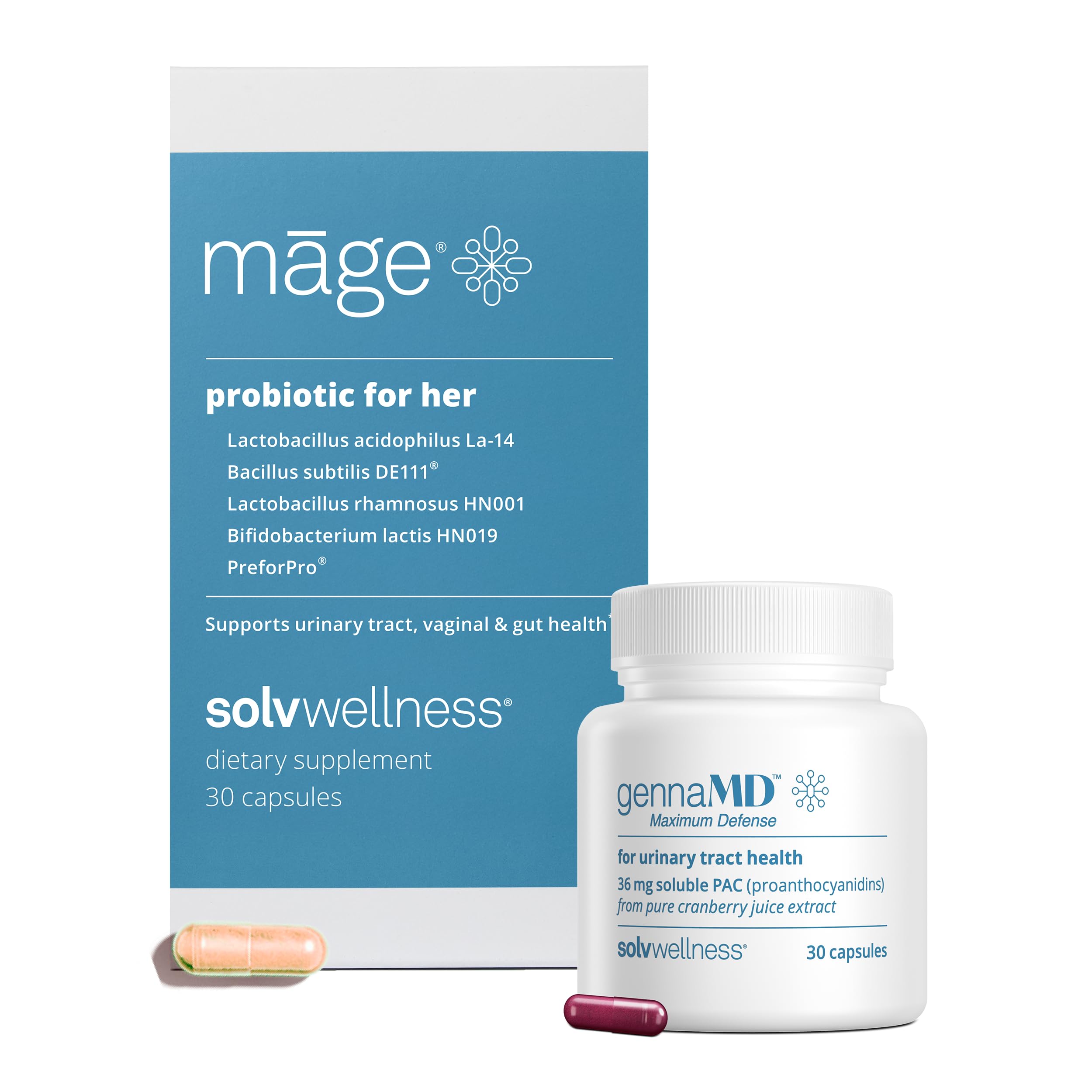 Solv Wellness Women’s Pelvic &amp; Gut Health Bundle - GennaMD Cranberry Juice Extract 36 mg Soluble PAC 30 Capsules, Mage Prebiotic &amp; Probiotic - Urinary Tract, Vaginal &amp; Gut Microbiome Support