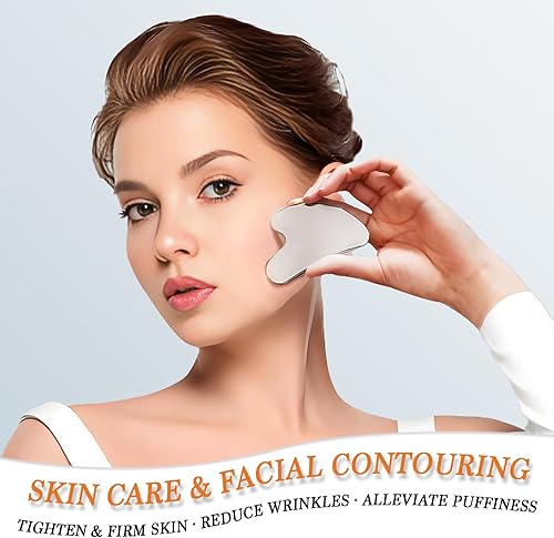 Miniatura 4 de Juego de 2 herramientas Gua Sha de acero inoxidable, herramientas faciales Gua Sha de metal, masajeador facial, escultura Gua Sha corporal y facial